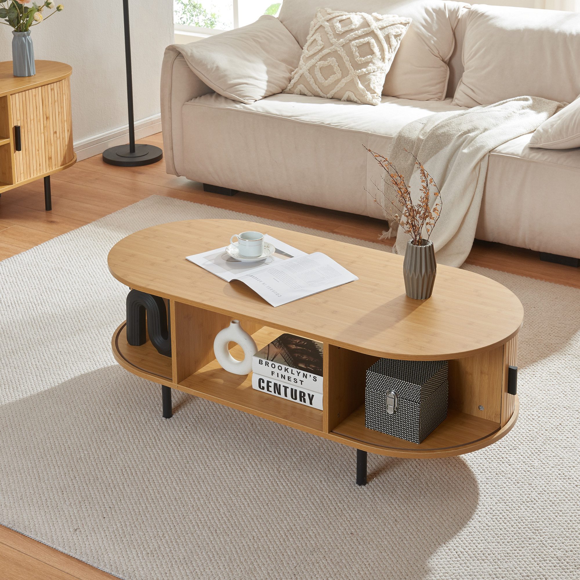 en.casa Couchtisch, »Tvedestrand« mit 2 Türen Metallbeine 120x55x40 cm Natur