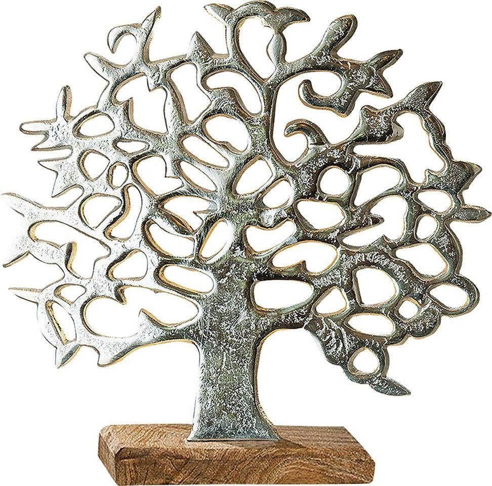 GILDE Dekoobjekt Lebensbaum auf Holzbase, silber (1 St), Höhe 46 cm, aus Metall, Sockel aus Holz, Wohnzimmer
