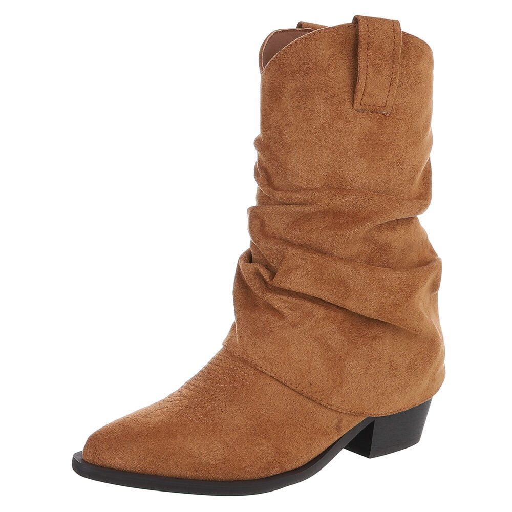 Ital-Design Elegante Damen-Stiefel mit Blockabsatz und einzigartigem Design Westernstiefelette (90827539) Blockabsatz Stiefeletten in Camel