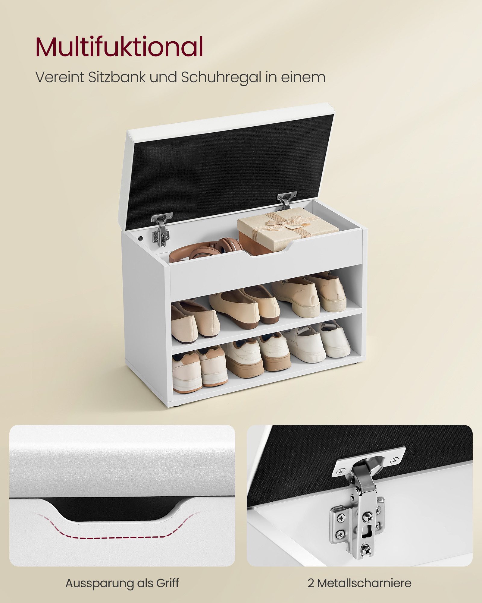 VASAGLE Schuhbank Sitzbank mit gepolstertem Kissen, Schuhregal mit 3 Ebenen, platzsparend, vielseitig einsetzbar, für Flur, Wohnzimmer