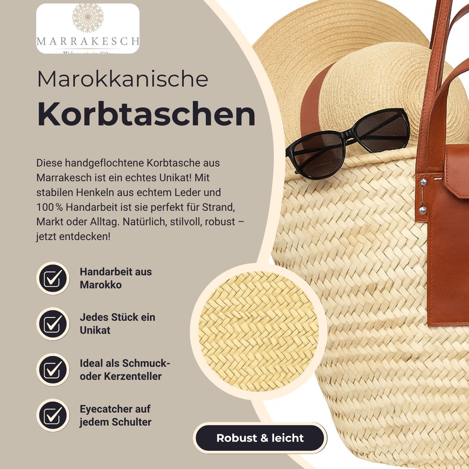 Marrakesch Orient & Mediterran Interior Korbtasche Cesta Natur - Strandtasche Korbtasche 55cm aus Palmblatt & Leder (1-tlg), Handarbeit
