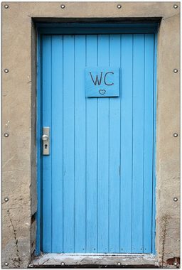 Wallario Sichtschutzzaunmatten Blaue Tür einer Toilette in einer verlassenen Fabrik in Magdeburg