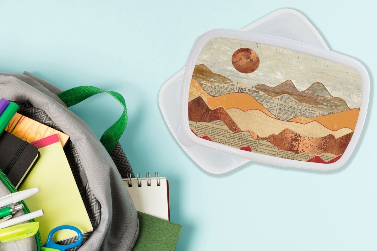 für MuchoWow Bronze und Farben, Kunststoff, Erwachsene, Mädchen - - - - Brotdose, - Kinder und für (2-tlg), weiß Jungs Abstrakt Lunchbox Landschaft Vintage Zeitung Brotbox