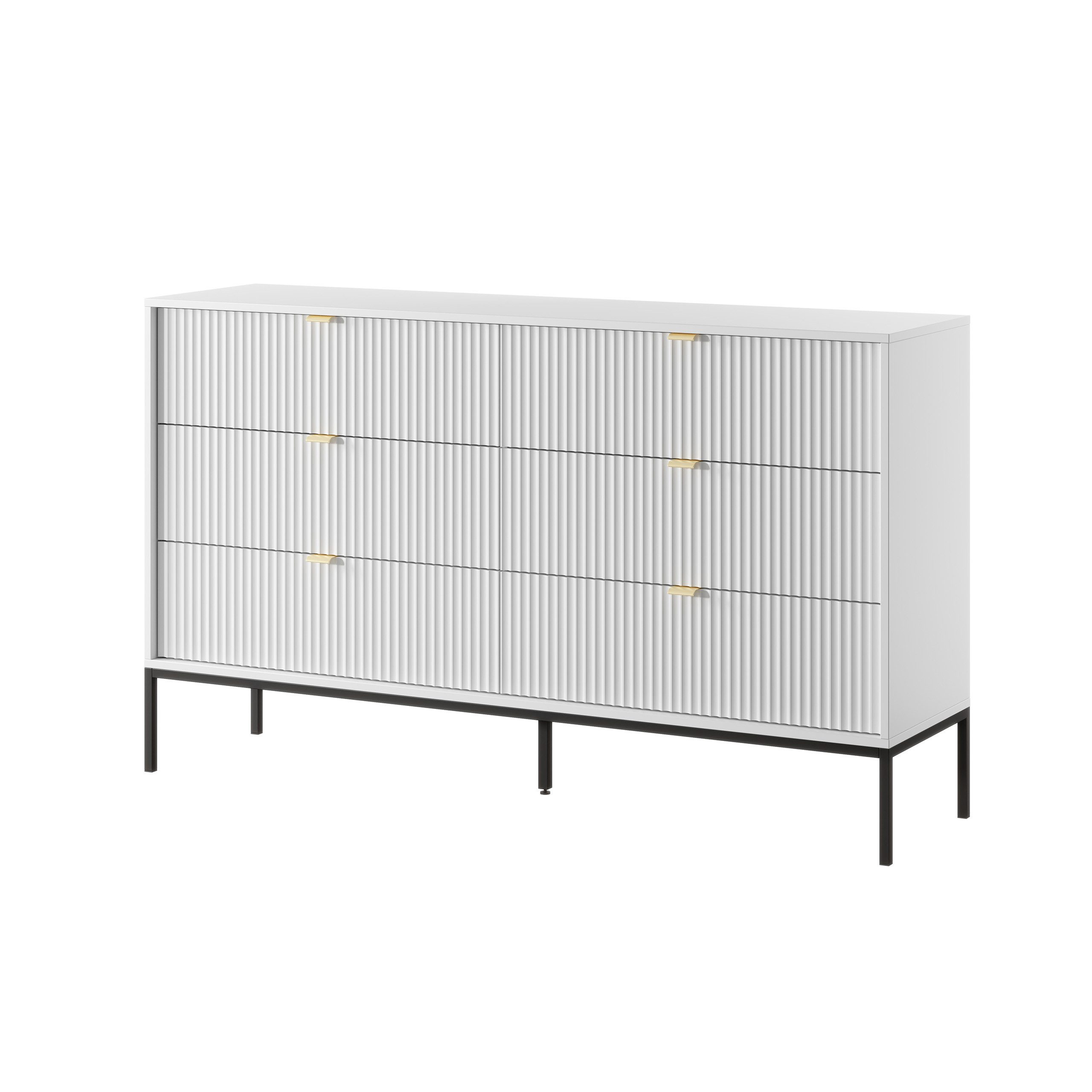 Masseno Kommode STELLARE 154 cm Sideboard mit 6 Schubladen Weiß
