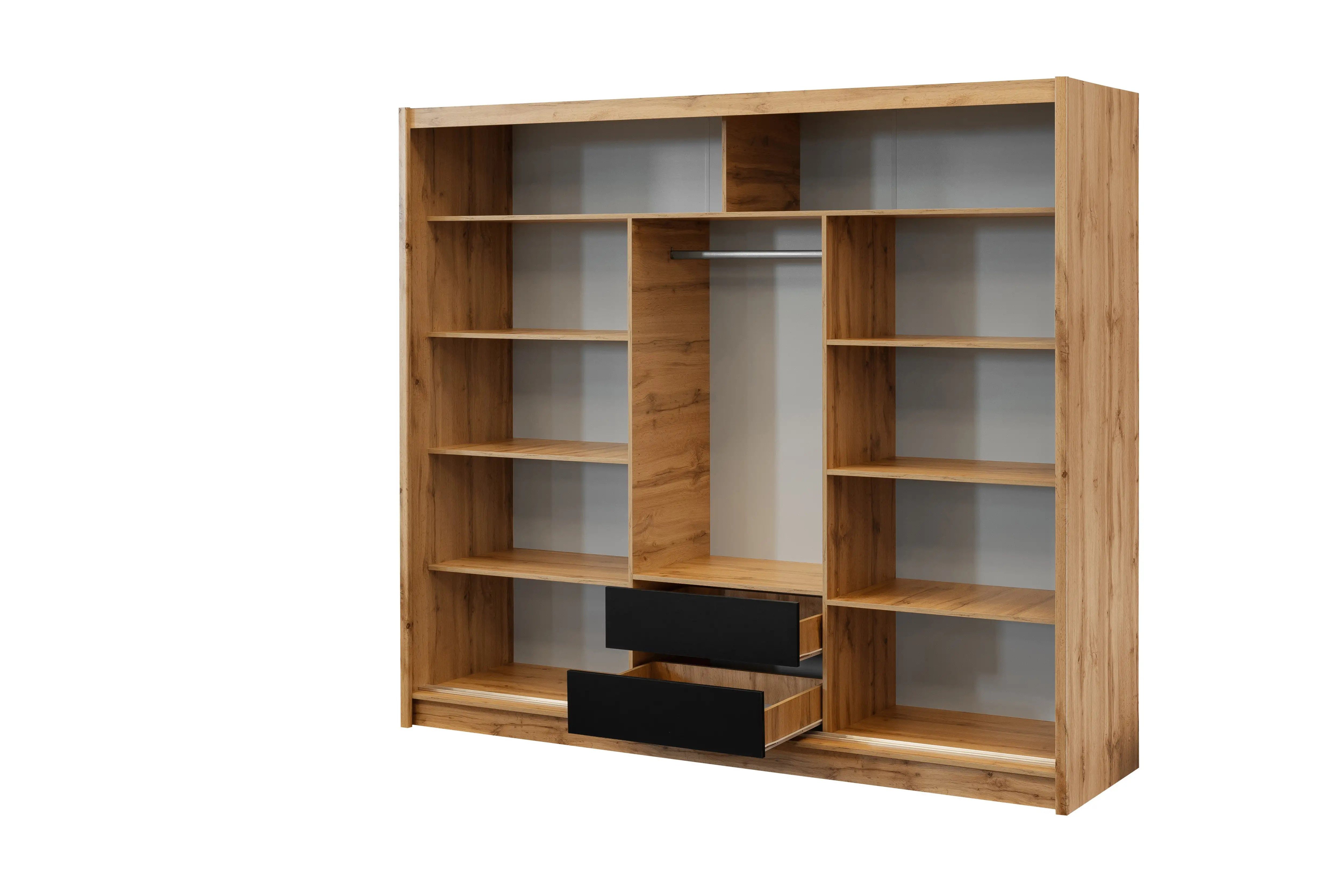 COMBO Schiebetürenschrank Kleiderschrank Schiebetüren 250x215x60cm Spiegel Wotan Eiche 3 Türen Schwebetürenschrank Lamellen Kleiderstange Schubladen Regalfächer – Bild 5 von 5