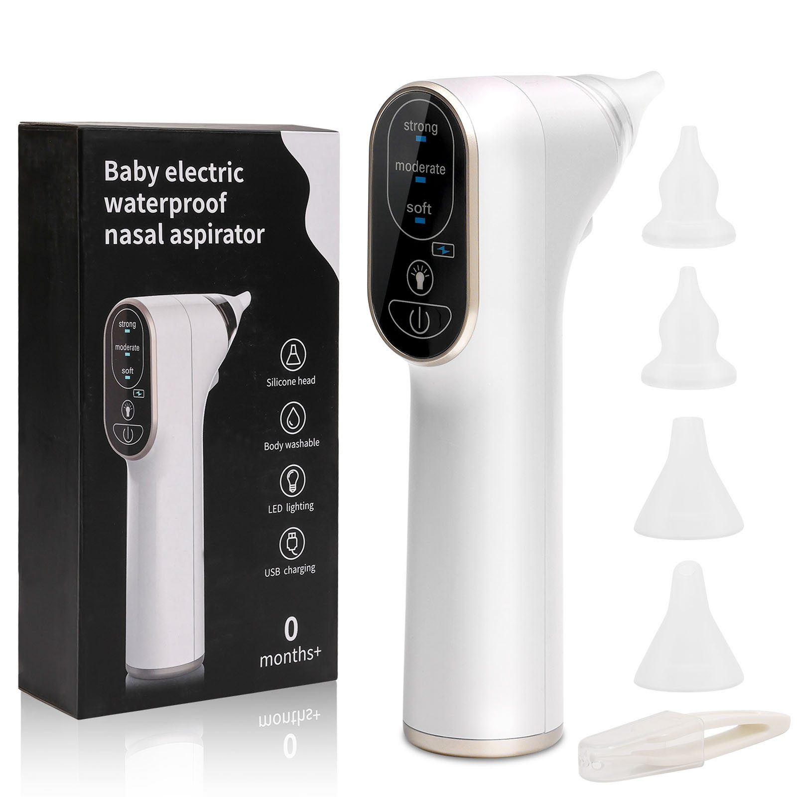 LEAZZLE Nasensauger Baby-Nasensauger, 3-stufige Saugkraftregelung(50-70Kpa) & Geräuscharm, USB-Wiederaufladbar & LED-Anzeige,Weiß