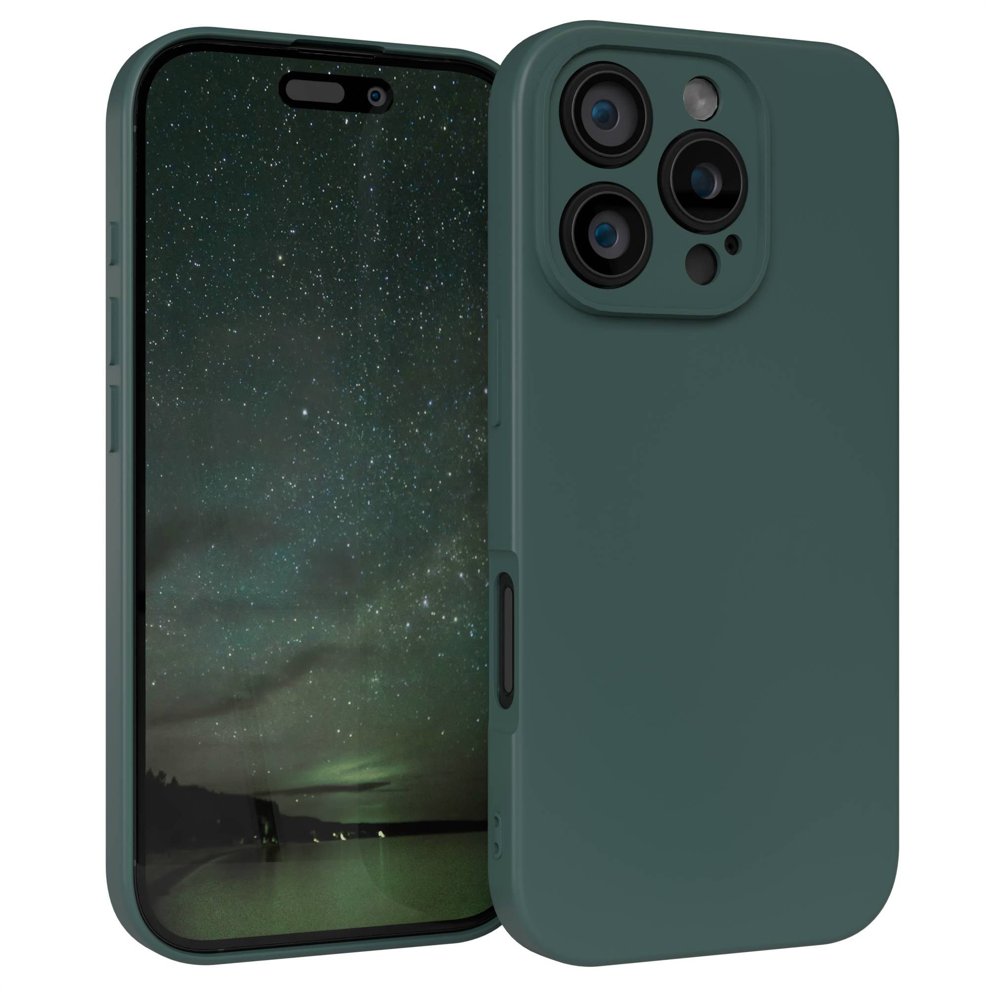 EAZY CASE Handyhülle für Apple iPhone 16 Pro Hülle Silikon 6,3 Zoll, Silikon Schutzhülle mit Kameraschutz kratzfestes Bumper Nachtgrün