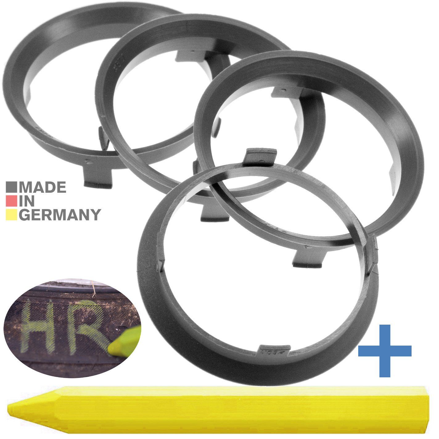 BRANDT AUTOMOTIVE Reifenstift 4X Zentrierringe Dunkelgrau Felgen Ringe + 1x Reifen Kreide, Maße: 60,1 x 57,1 mm