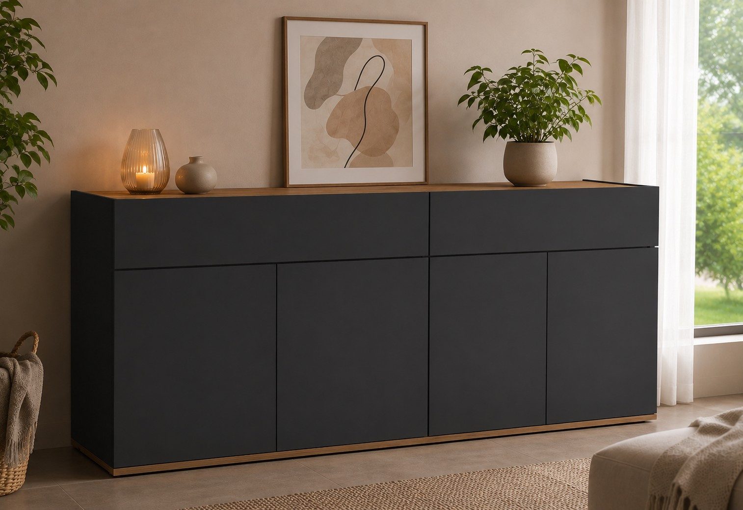 OTTO home Sideboard Garda Kommode, Schrank, 4 Türen mit Push-to-Open, Made in Italy, 4 Türen, 2 Schubladen, grifflos Breite 160,1 cm, anthrazit/eiche matt