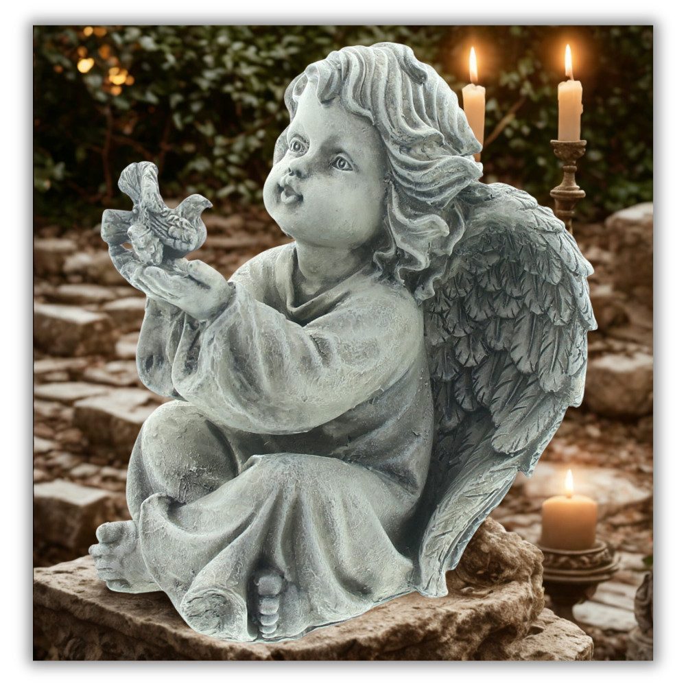 Home-trends24.de Engelfigur Engel Figur mit Vogel Grabschmuck Deko Weihnachten Grabengel