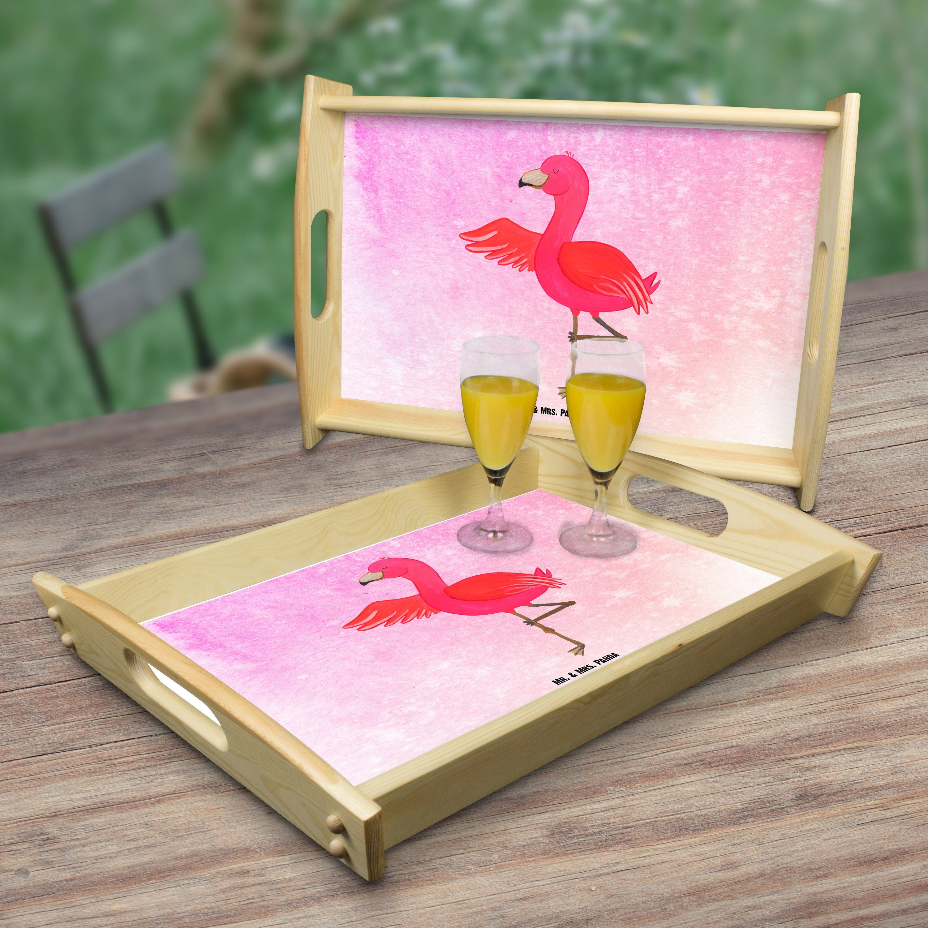 Mr. & Mrs. Panda - Baum, Ärger, Echtholz Tablett (1-tlg) Pink - Geschenk, Aquarell lasiert, Flamingo Rosa, Yoga Tablett