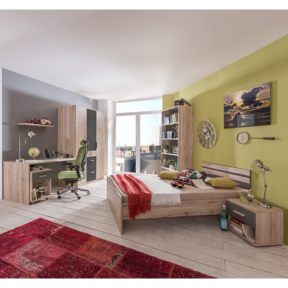 Lomadox Jugendzimmer-Set CANTON-43, (Sparset, 7-tlg), Eiche Nb. mit graphit, 140x200 cm Liegefläche