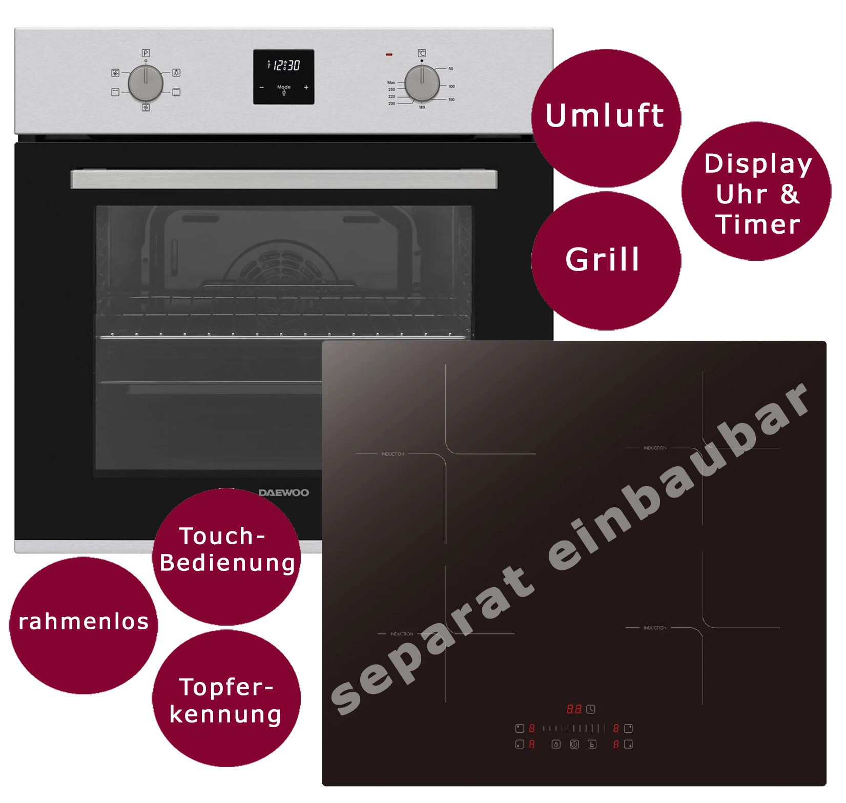 Daewoo Induktions Herd-Set autarkes 60cm Induktionskochfeld, AntiFingerPrint Oberfläche, AntiFingerPrint Oberfläche, autarkes Induktionskochfeld