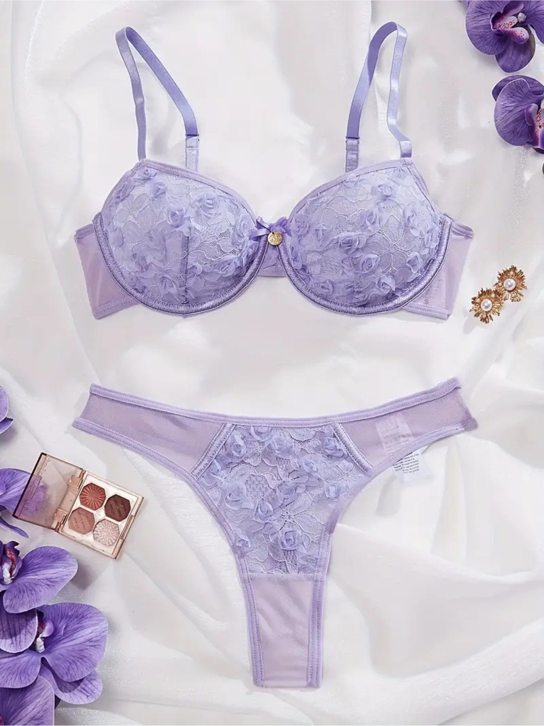 Set: Bügel-BH Sexy Damenunterwäsche – Reizwäsche-Set mit Blumendetails