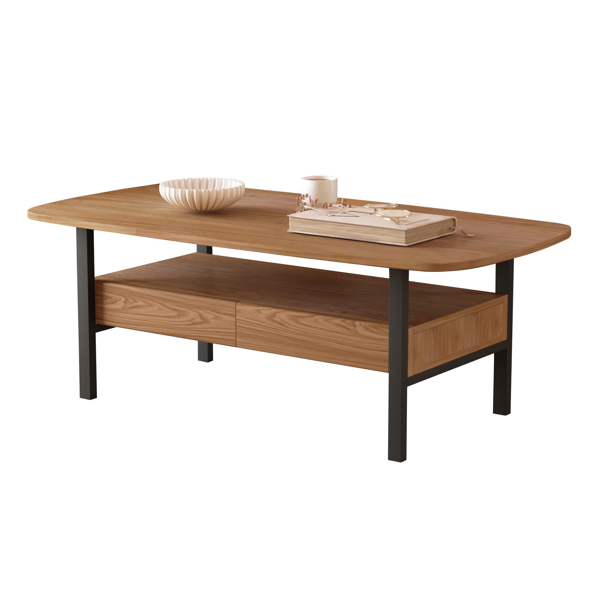 oleyluckidea Couchtisch Nussbaum Couchtisch mit Stauraum, Metallfüßen, Sofatisch, Vintage (Set, Einzelstück), Breite 120 cm