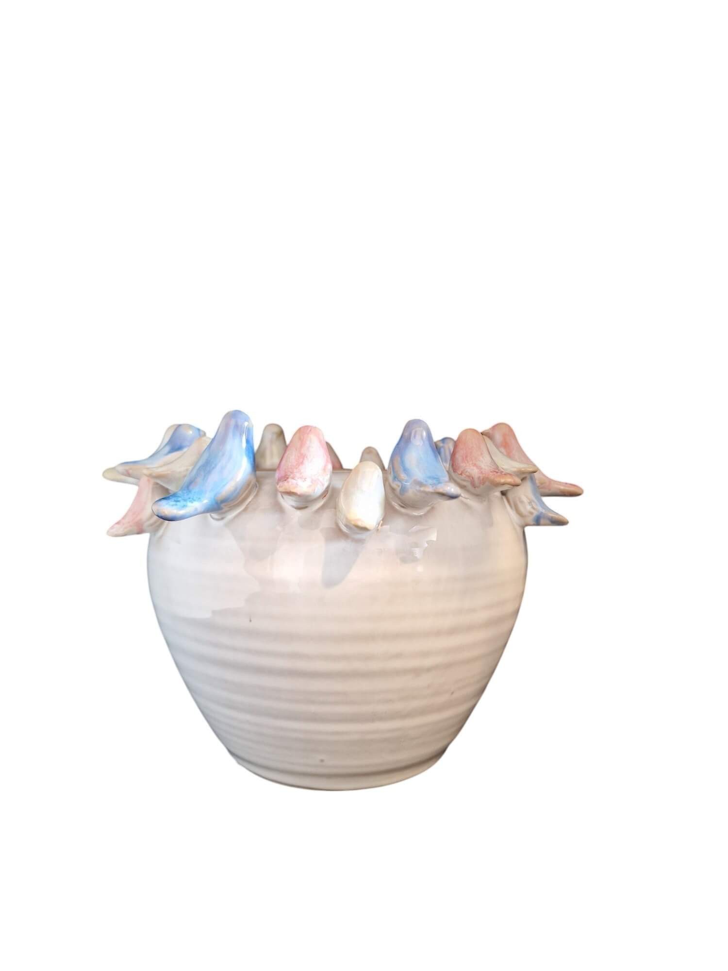 Dekowunder Blumenkasten Weißer Pflanztopf "Vögelchen" aus Steingut mit bunten Vögeln, Ø 22 cm