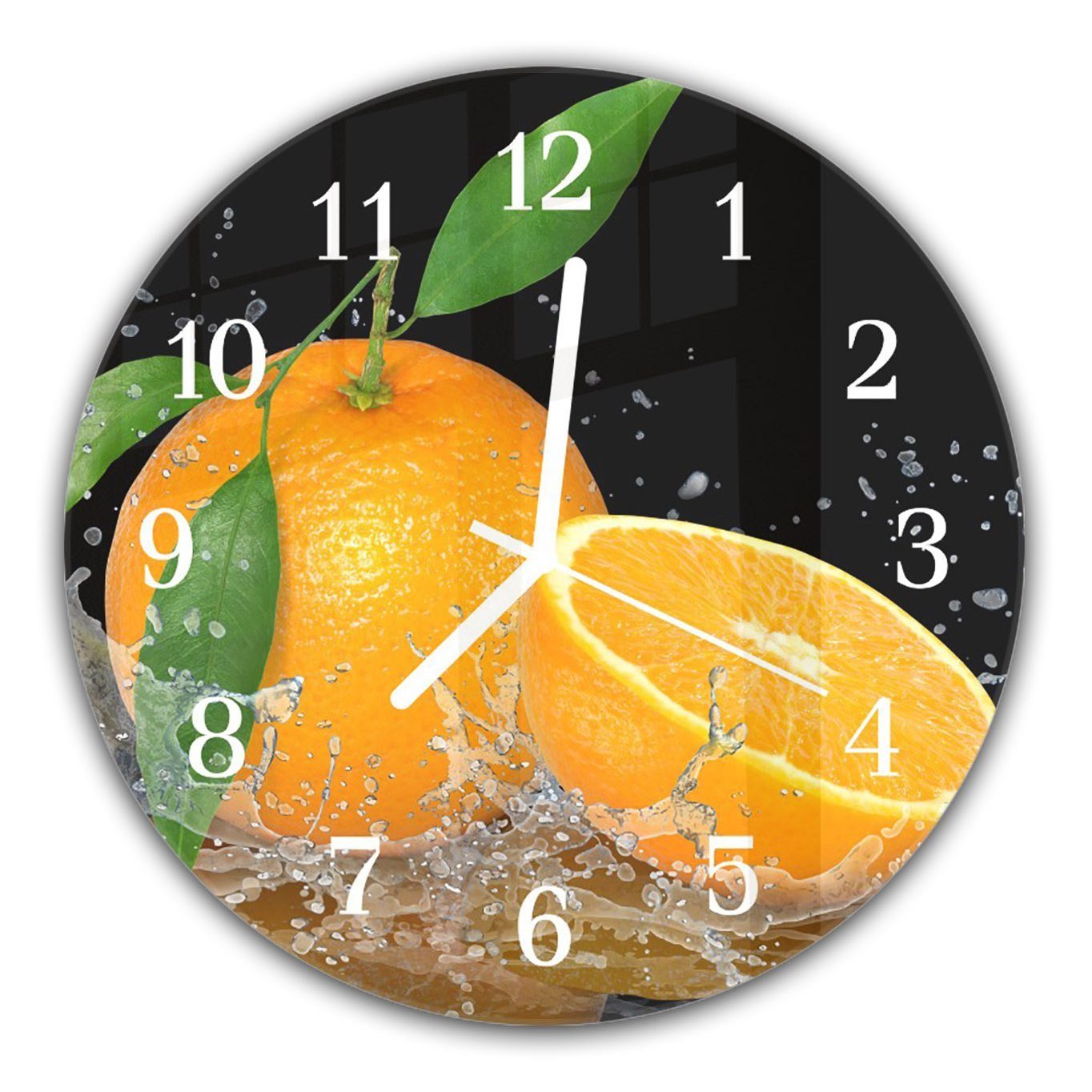 Primedeco Wanduhr Wanduhr aus Glas mit Motiv Orangen auf Wasser - Rund mit Durchmesser 30 cm und Quarzuhrwerk