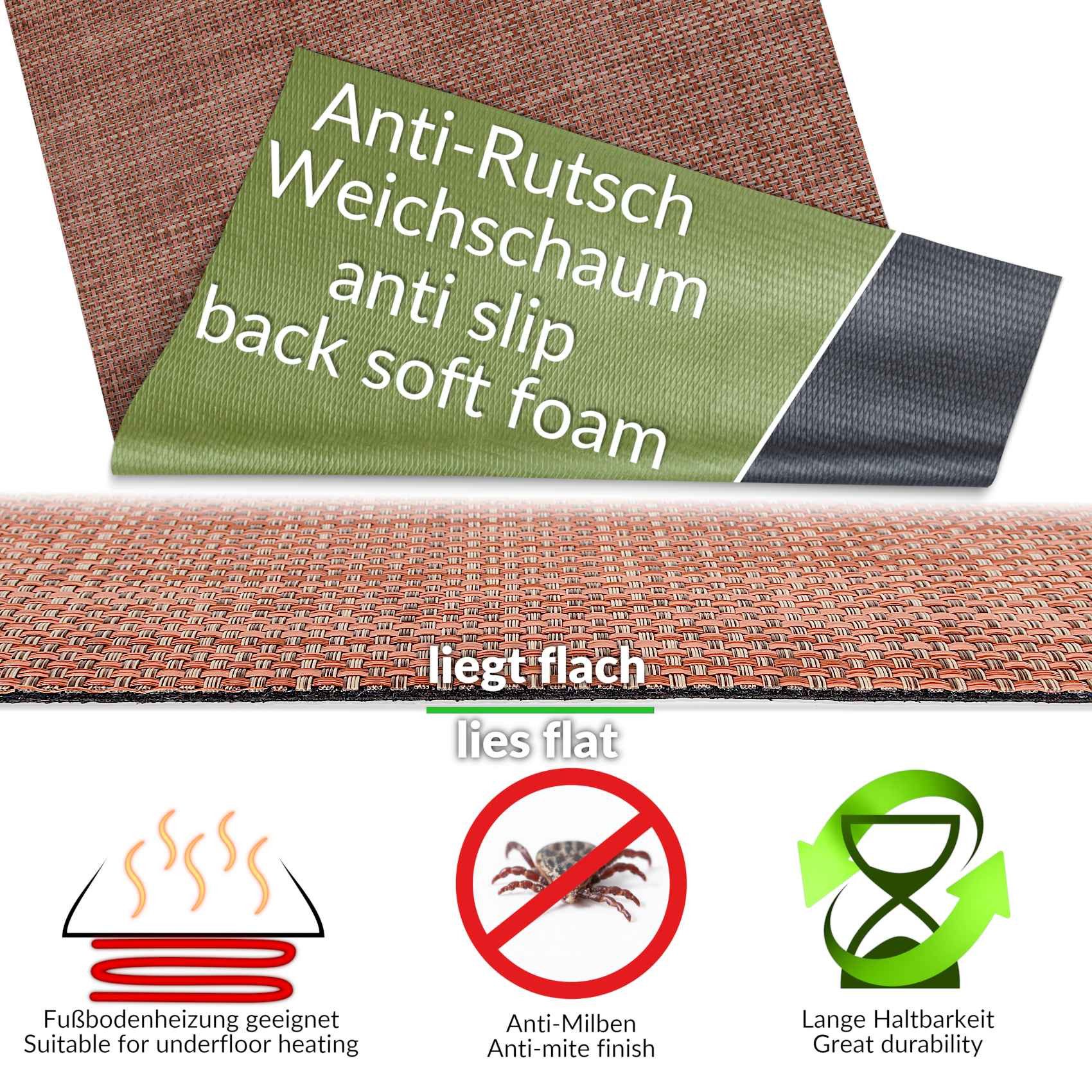 ANRO Küchenläufer Hochwertig Outdoorläufer Teppich TATAMI Läufermatte, Eckig, Höhe: 3 mm, Rattanoptik