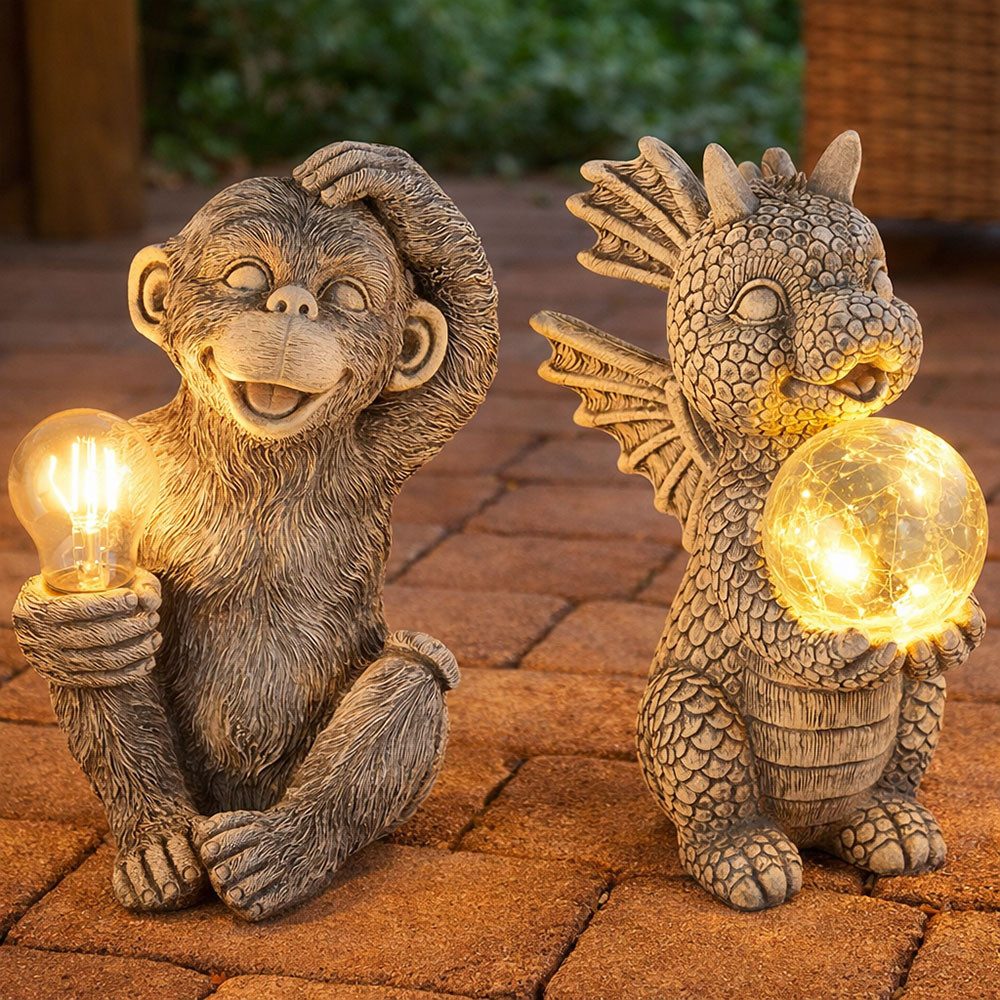GLOBO LIGHTING LED Dekofigur, LED-Leuchtmittel fest verbaut, Solarleuchte Außenlampe Affe Elefant LED grau Gartendeko 2er Set
