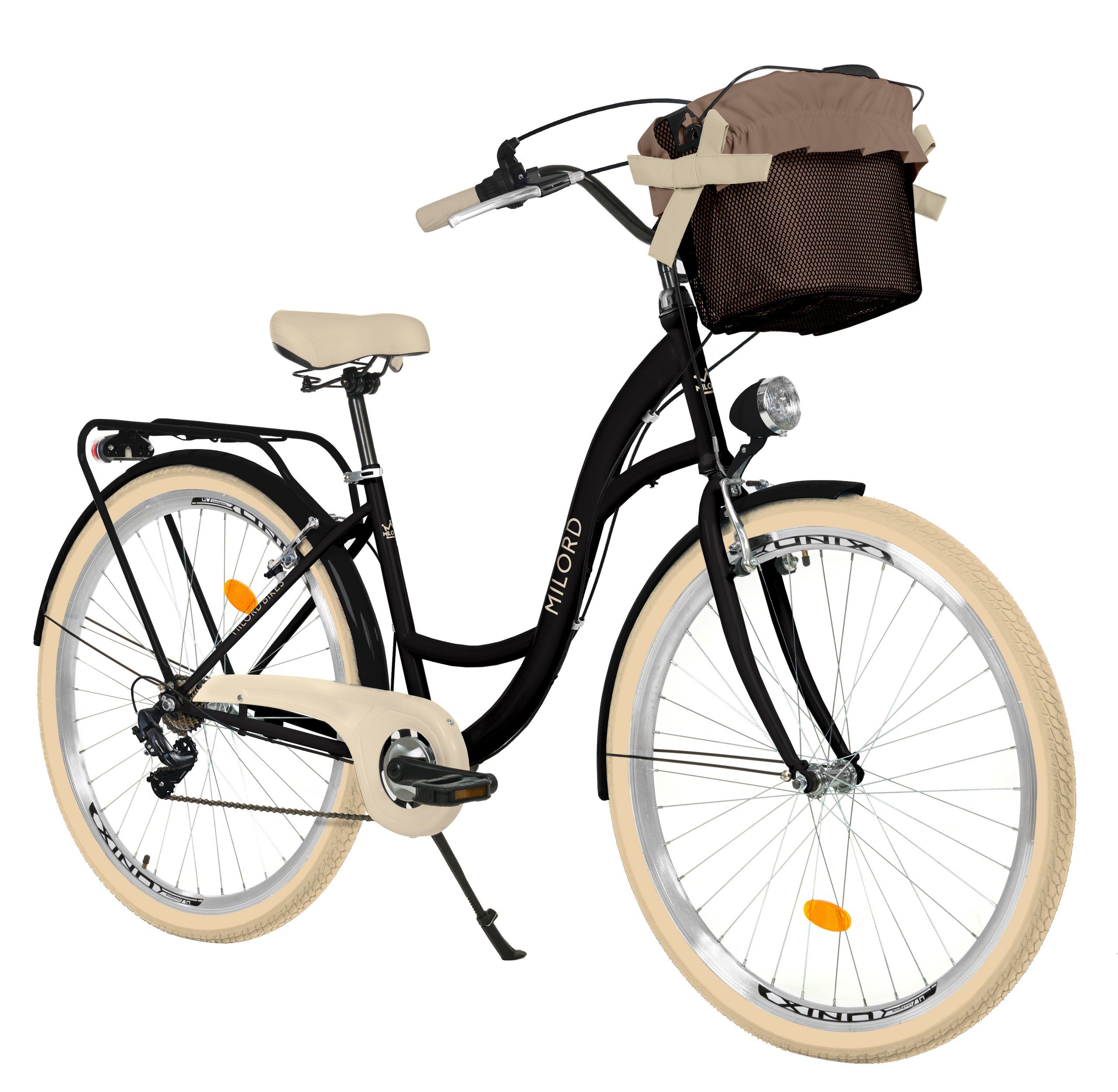 MILORD BIKES Cityrad Milord City Fahrrad Korb Damen, 28/26 Zoll, Schwarz-Creme, 7-Gang, 7 Gang, Kettenschaltung