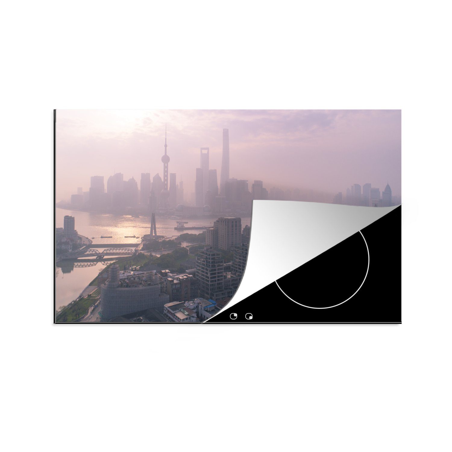 MuchoWow Herdblende-/Abdeckplatte Der Sonnenaufgang über dem Bund und Shanghai in China, Vinyl, (1 tlg), 83x51 cm, Ceranfeldabdeckung, Arbeitsplatte für küche