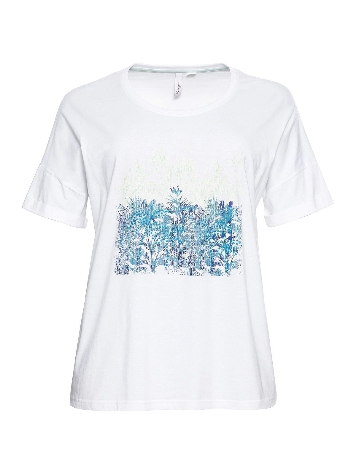 Sheego T-Shirt Große Größen Frontdruck mit Ärmelaufschlag weiß und