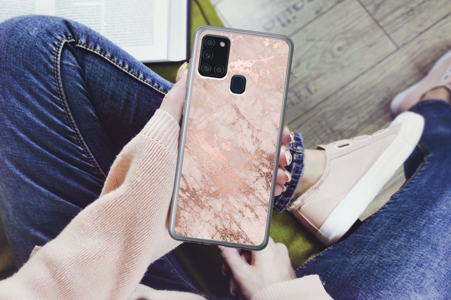 MuchoWow Handyhülle für Samsung Galaxy A21s Marmor - Rosa - Luxus - Marmoroptik - Glitzer, Smartphone-Bumper, Print, Handy Schutzhülle Dünn