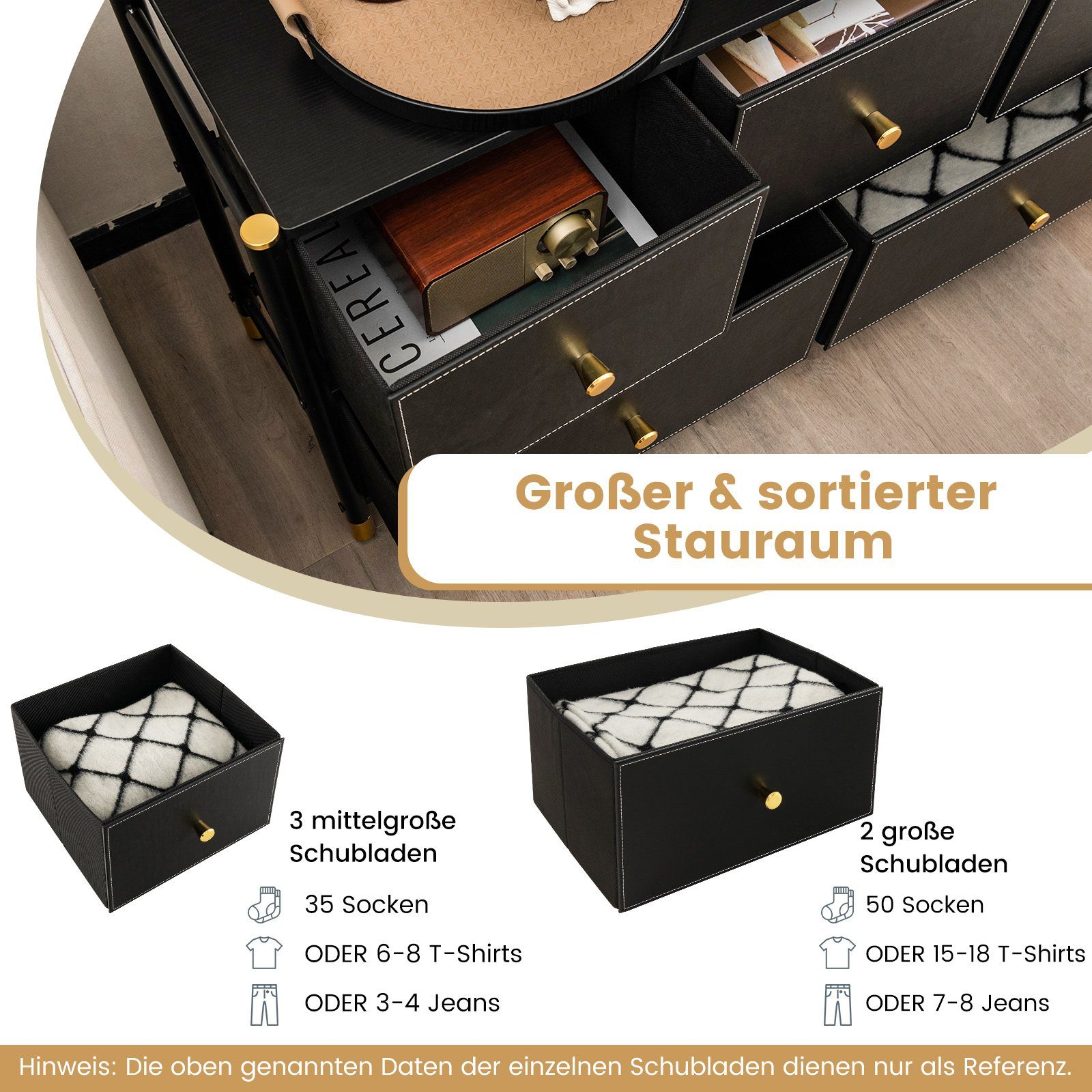 COSTWAY Kommode, mit 8 Schubladen & Kippsicherung, Metallrahmen, Schwarz