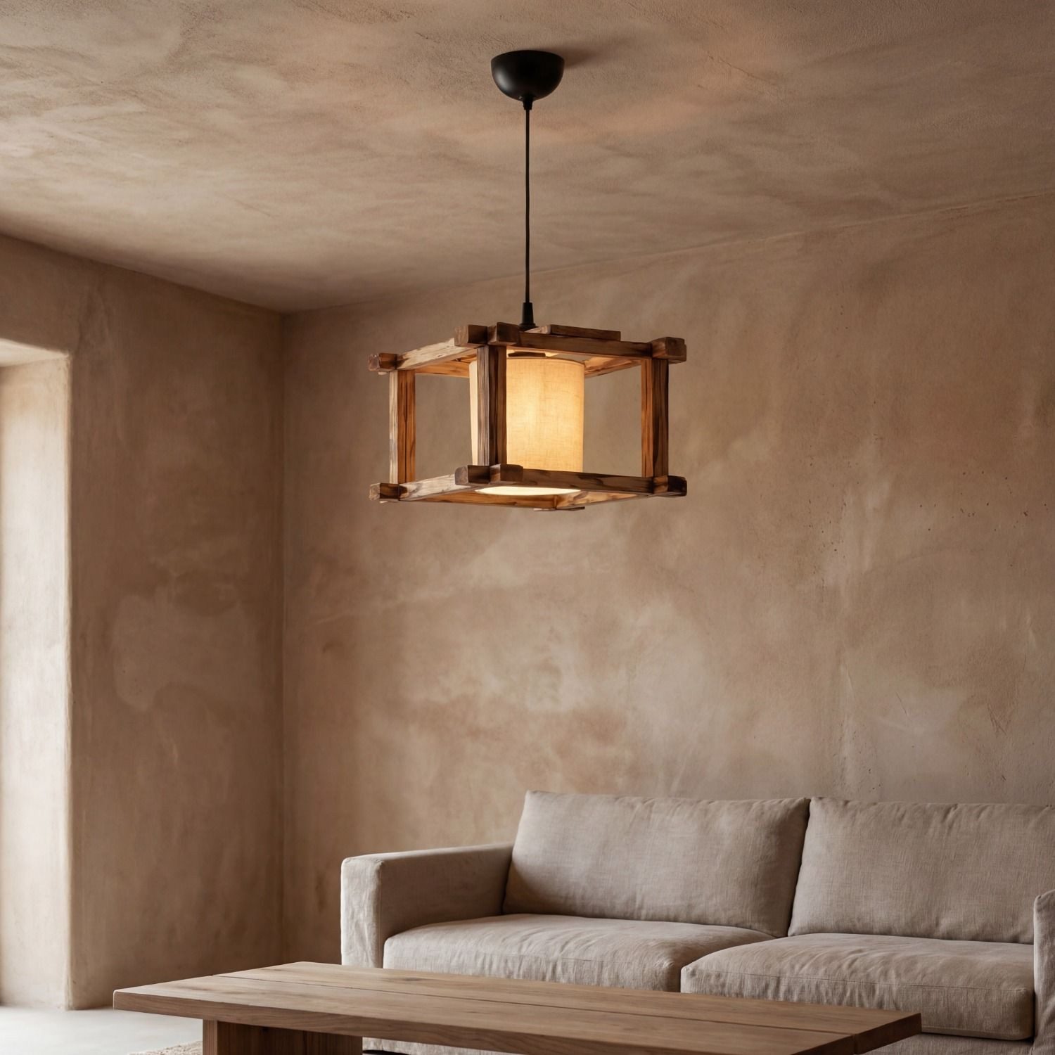 Licht-Erlebnisse Pendelleuchte IVENA, ohne Leuchtmittel, geflammtes Holz Stoff Metall B: 32 cm H: max. 120 cm E27