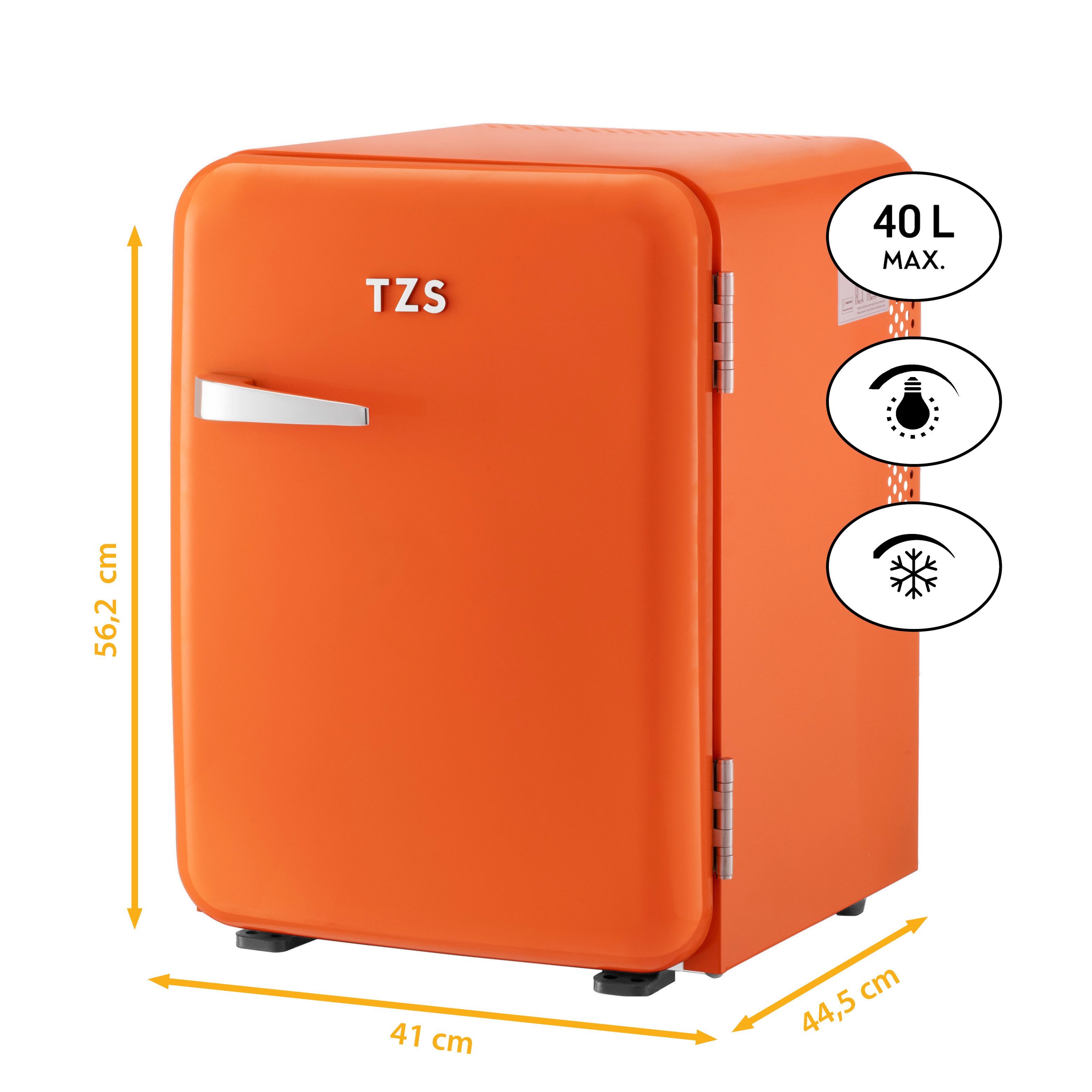 TZS FIRST AUSTRIA Table Top Kühlschrank 40L Retro Lautlos, LED-Beleuchtung FA-5172-3-OR, 56.2 cm hoch, 41 cm breit, Mini Kühlschrank 40L, Minibar E lautlos, LED-Beleuchtung, Retro