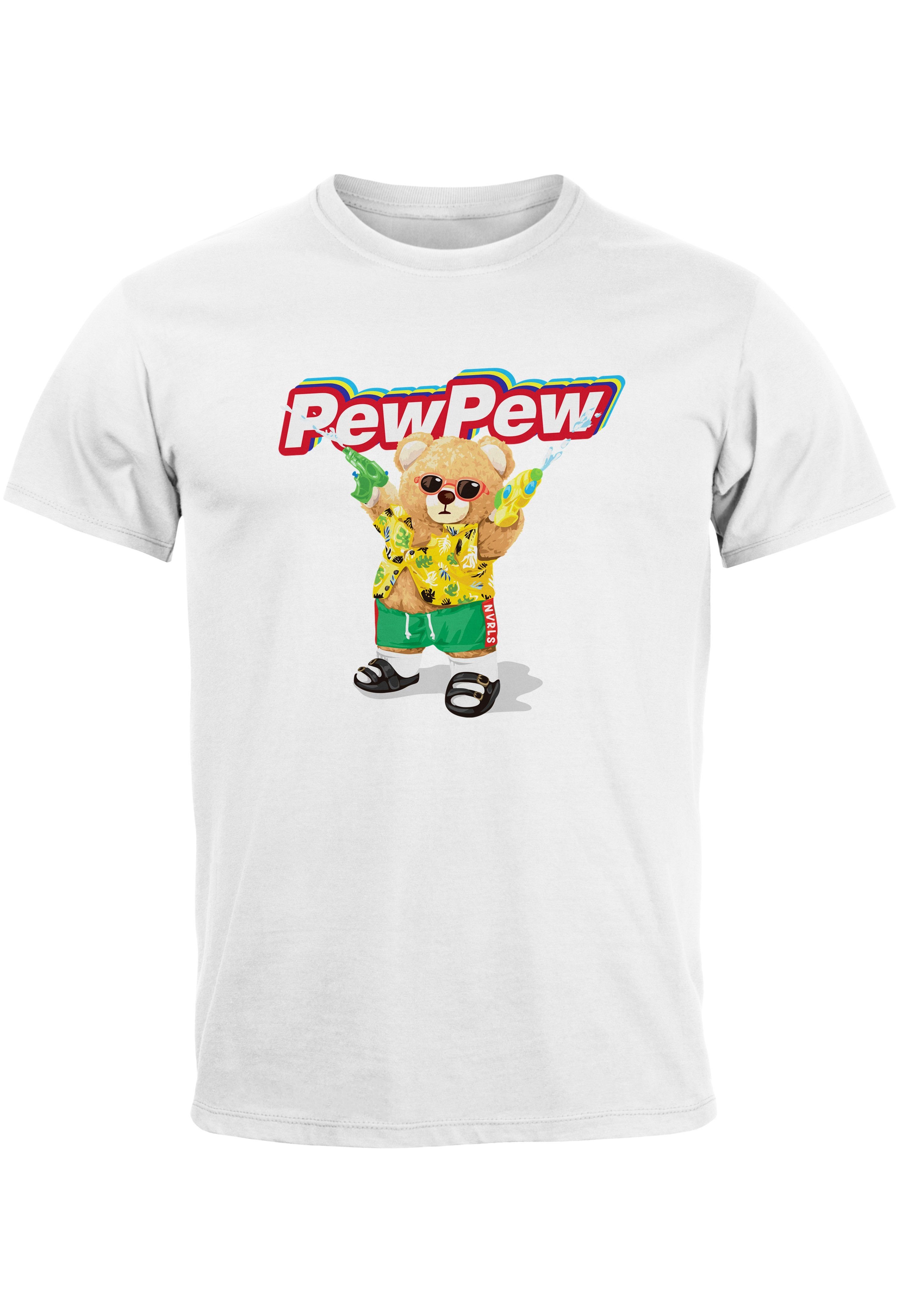 Neverless Print-Shirt Herren weiß Bär Motiv Printshirt Fas Pew mit Pew Aufdruck lustig Print Sommer T-Shirt