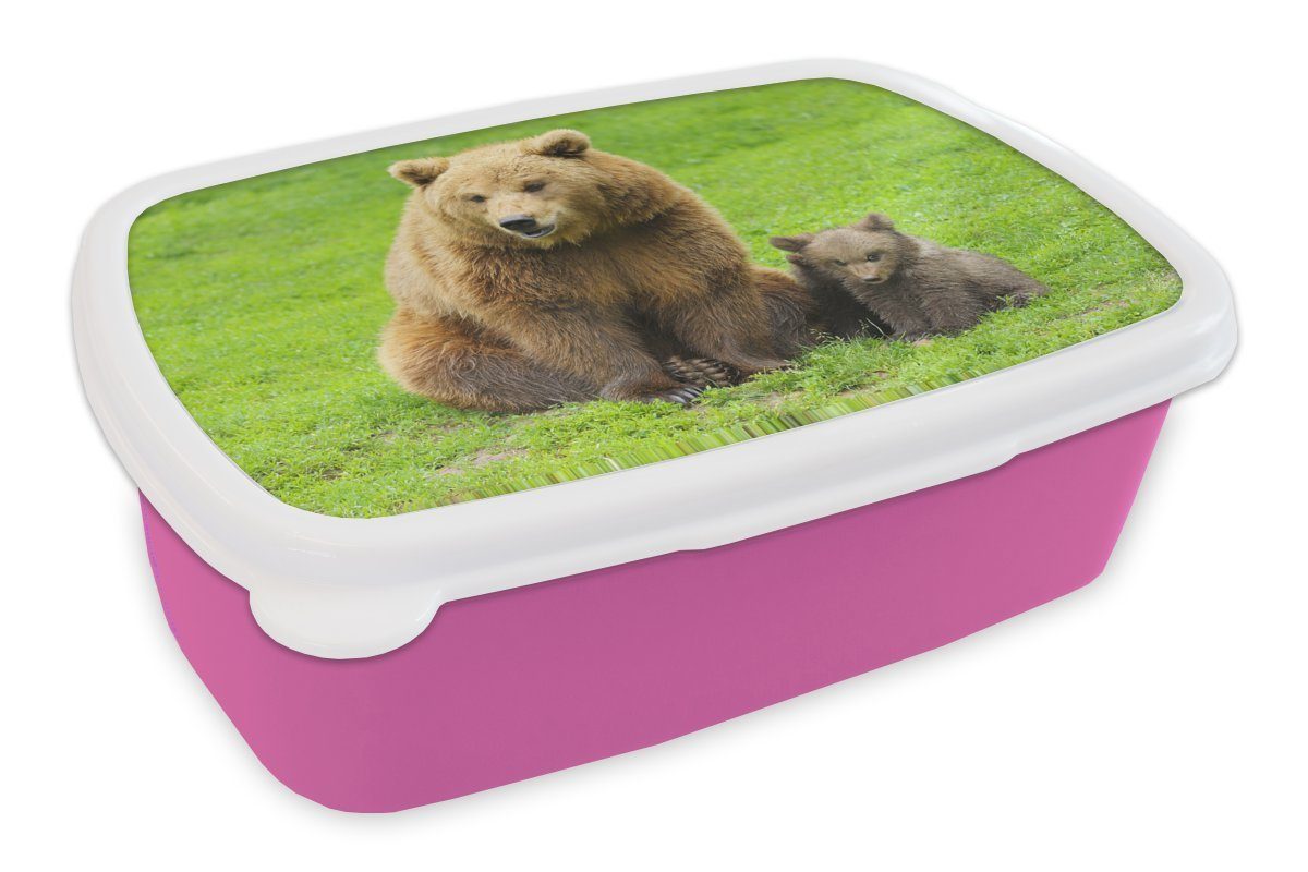 MuchoWow Lunchbox Bär - Gras - Junge, Kunststoff, (2-tlg), Brotbox für Erwachsene, Brotdose Kinder, Snackbox, Mädchen, Kunststoff rosa