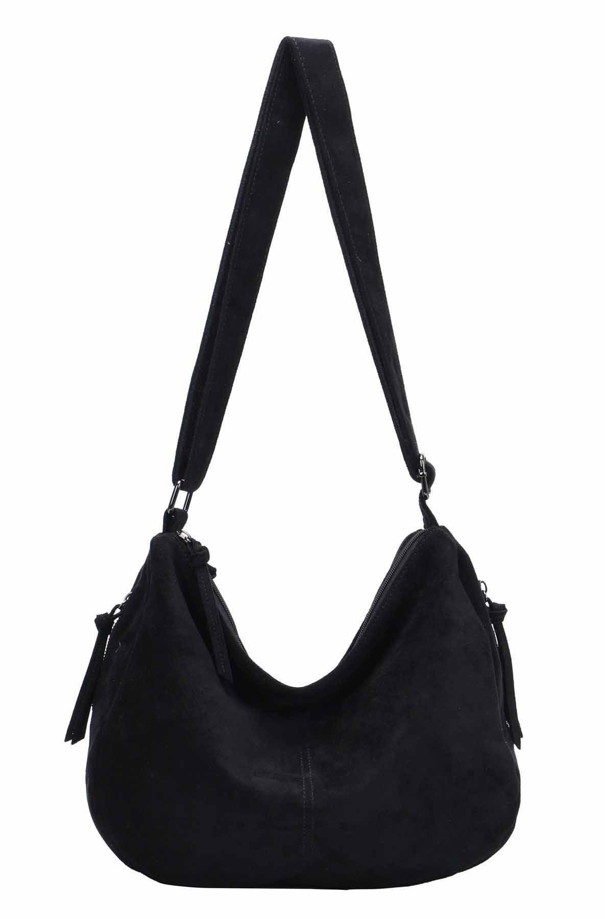 ITALYSHOP24 Schultertasche Damen Tasche Crossbody Shopper Umhängetasche BodyBag Samt Freizeit Bag, 2xFach Fächer Henkeltasche Wildleder-Optik Hobo Bag Beutel City Bag