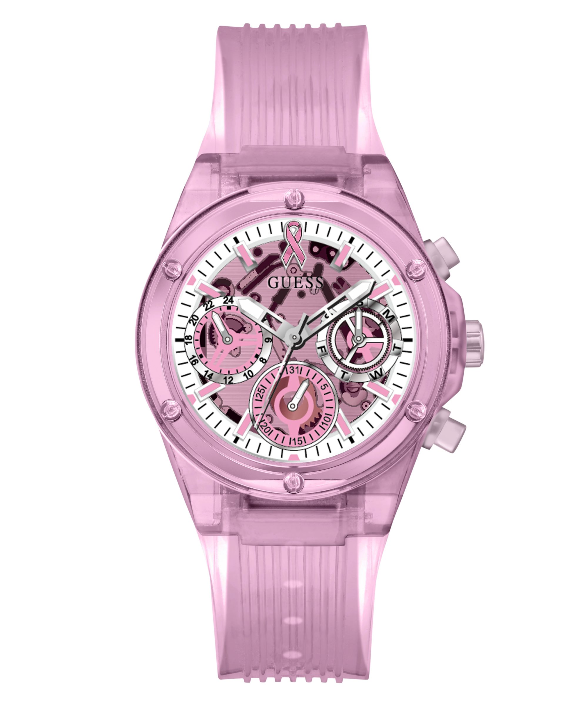 Guess Multifunktionsuhr SPARKLING PINK GW0032L9, Quarzuhr, Armbanduhr, Damenuhr, Silikonarmband, analog, Tag, Wochentag