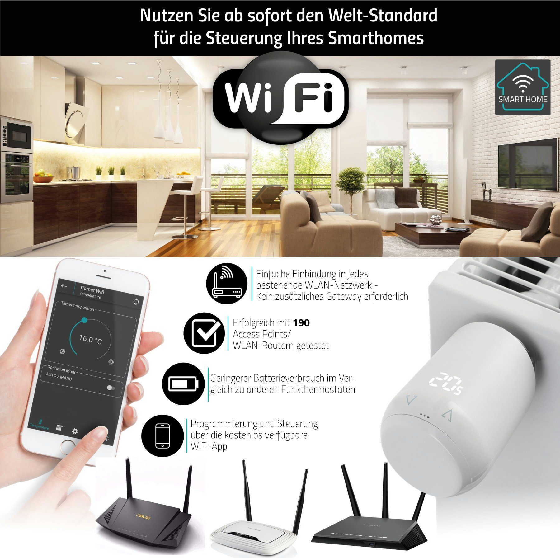 mit WiFi WLAN Comet EUROtronic Starter-Set Smart-Home jedem Heizkörperthermostat Kompatibel Set, Router