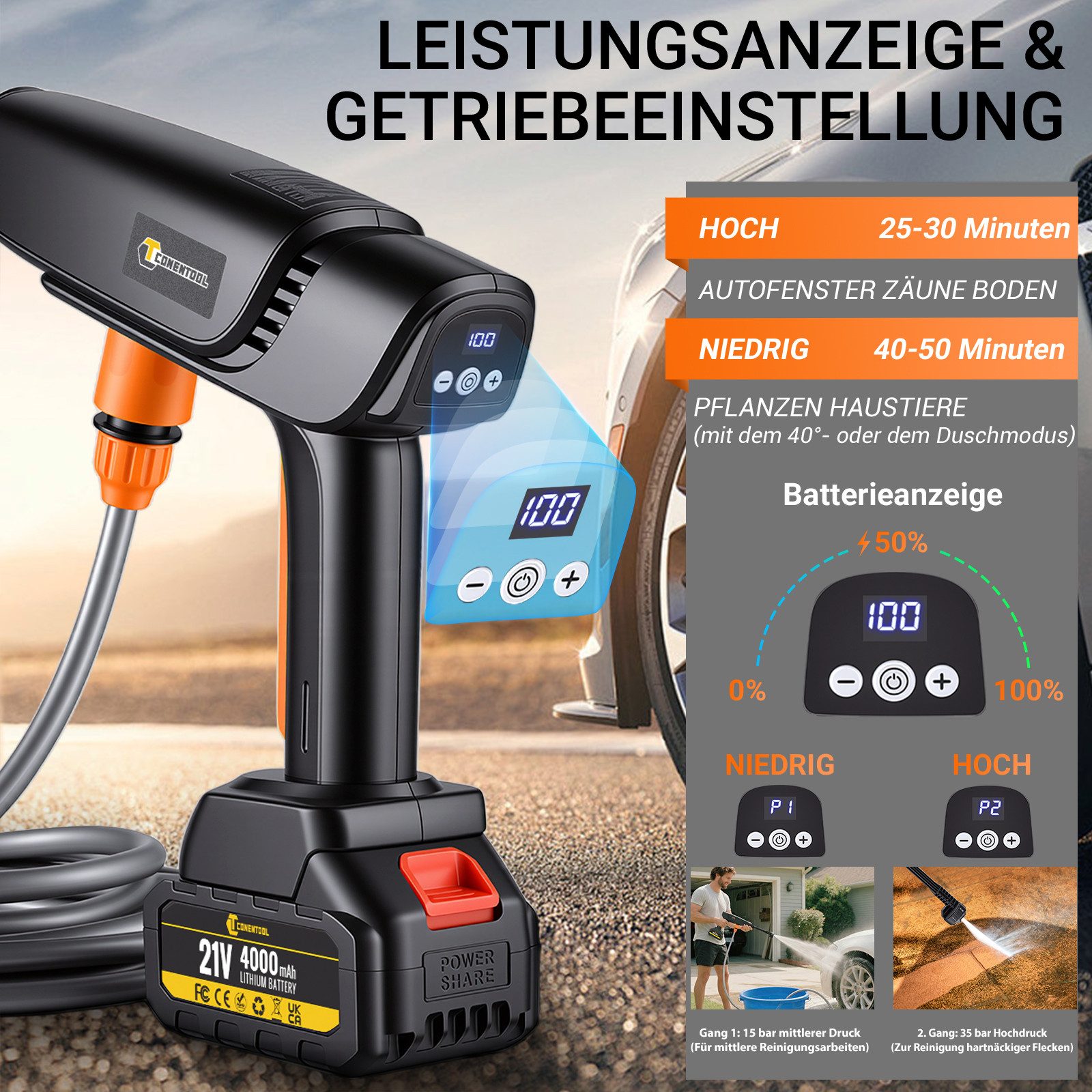 CONENTOOL Akku-Hochdruckreiniger 6-in-1 Bürstenloser Motor 350W mit 2x4000mAh Akkus, Druck max: 70 bar, Fördermenge max: 360 l/h, mit Schaumkanne 8000mAh Akku für Auto, Garten & Haushalt