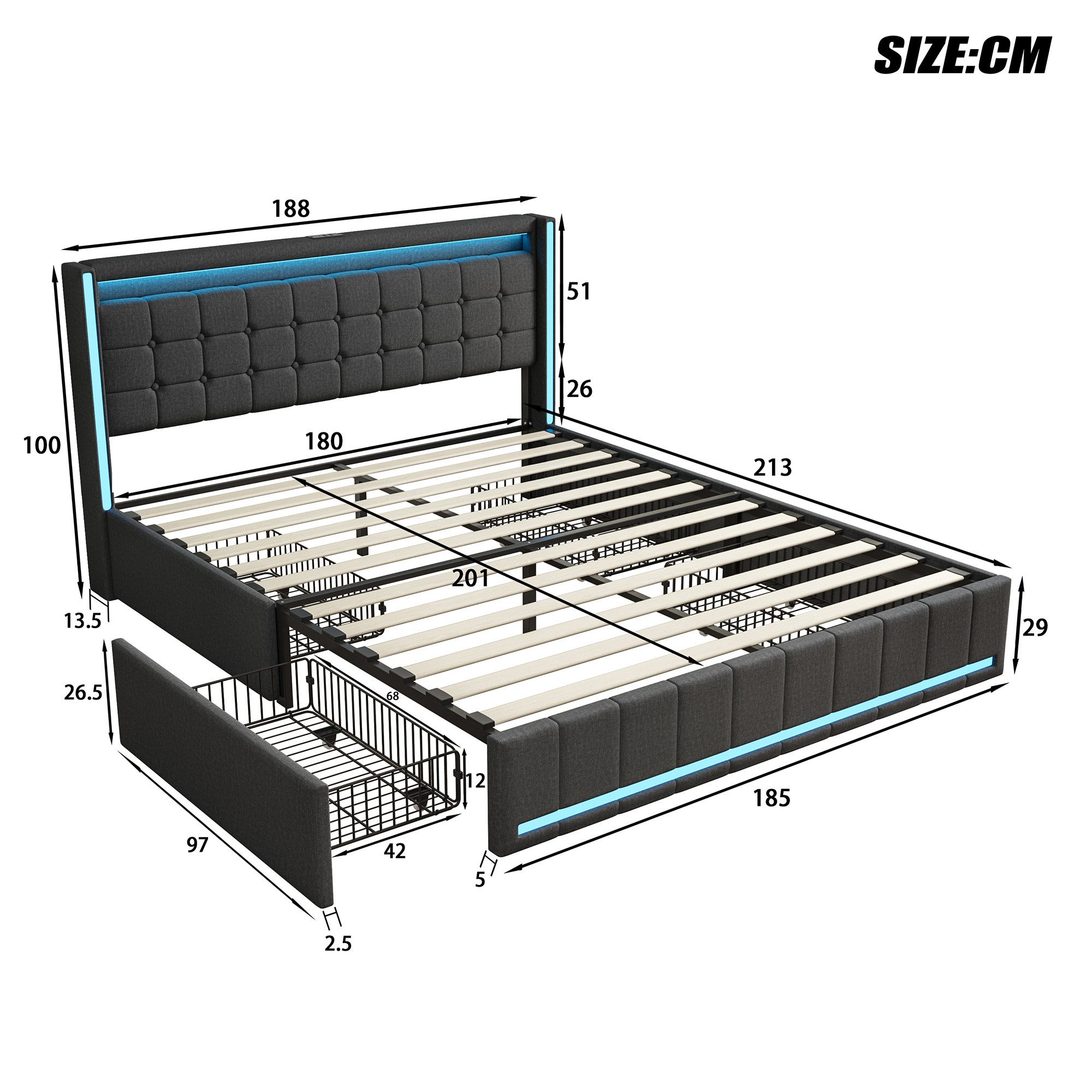 Simurq Polsterbett Stauraumbett Doppelbett mit LED Beleuchtung und Ladefunktion (Mit Komforthöhe Lattenrost, Leises Design Bett), Jugendbett 4 Schubladen Staura – Bild 5 von 5