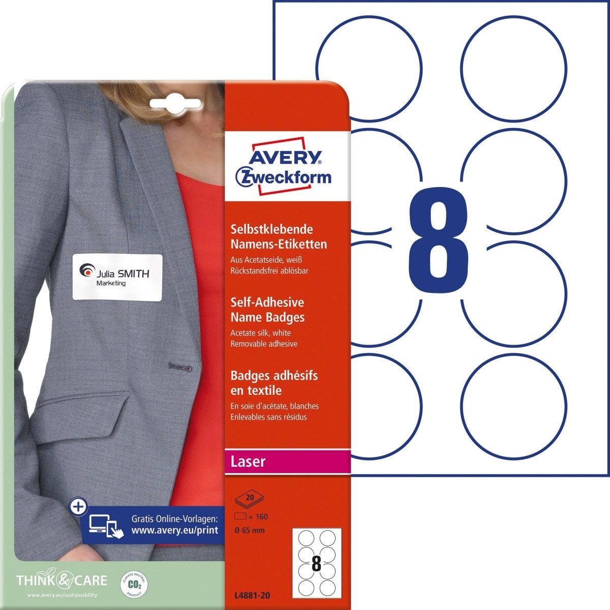 Avery Zweckform Etiketten Namens-Etiketten 65mm 20 Bogen/160 Etiketten weiß