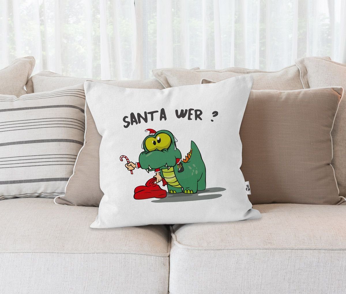 MoonWorks® Wer? Dekokissen frisst Kissenhülle MoonWorks Weihnachten Spruch Dinosaurier weiß Santa Santa Kissen-Bezug lustige Claus