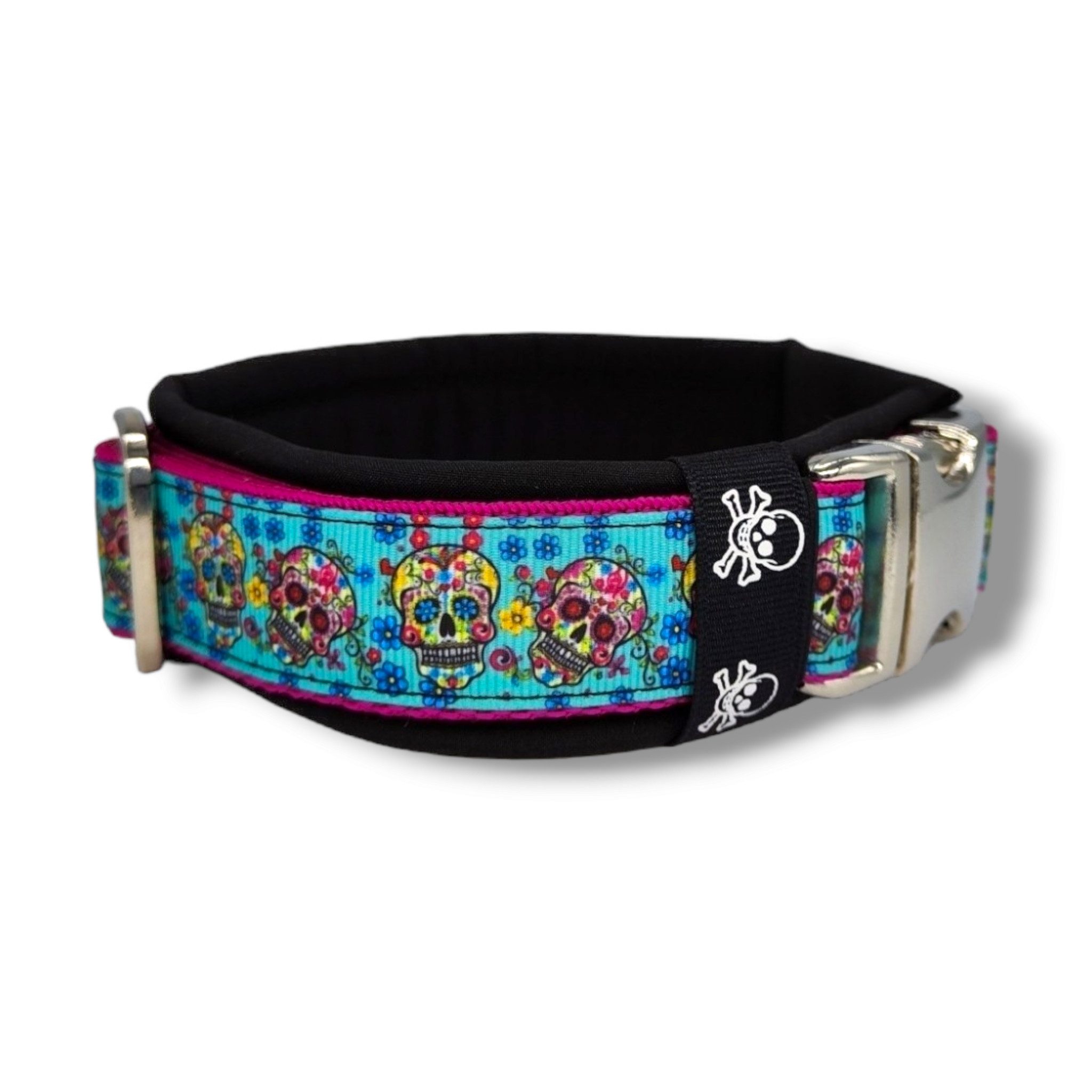 D by E Couture Hunde-Halsband "Sugar Skulls II", gepolstert, verstellbar, 30mm breit, Handmade