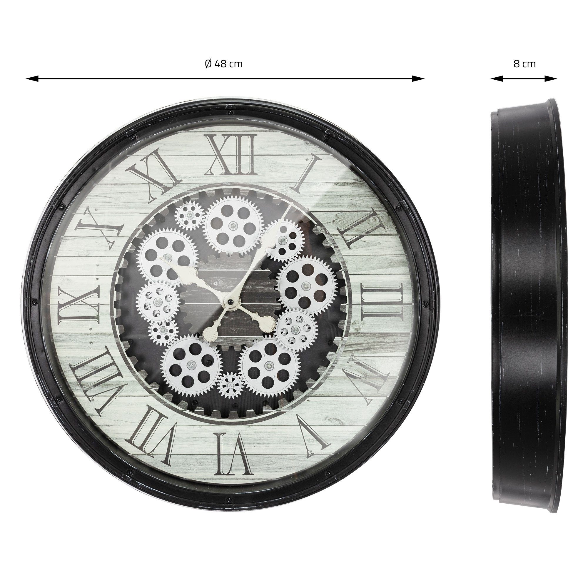 ECD Germany Schwar Dekor MDF-Holz Zahlen Wanduhr (Rund Analoge) Ø48cm Industriell Design Dekorative Leise Römische Uhr Uhr