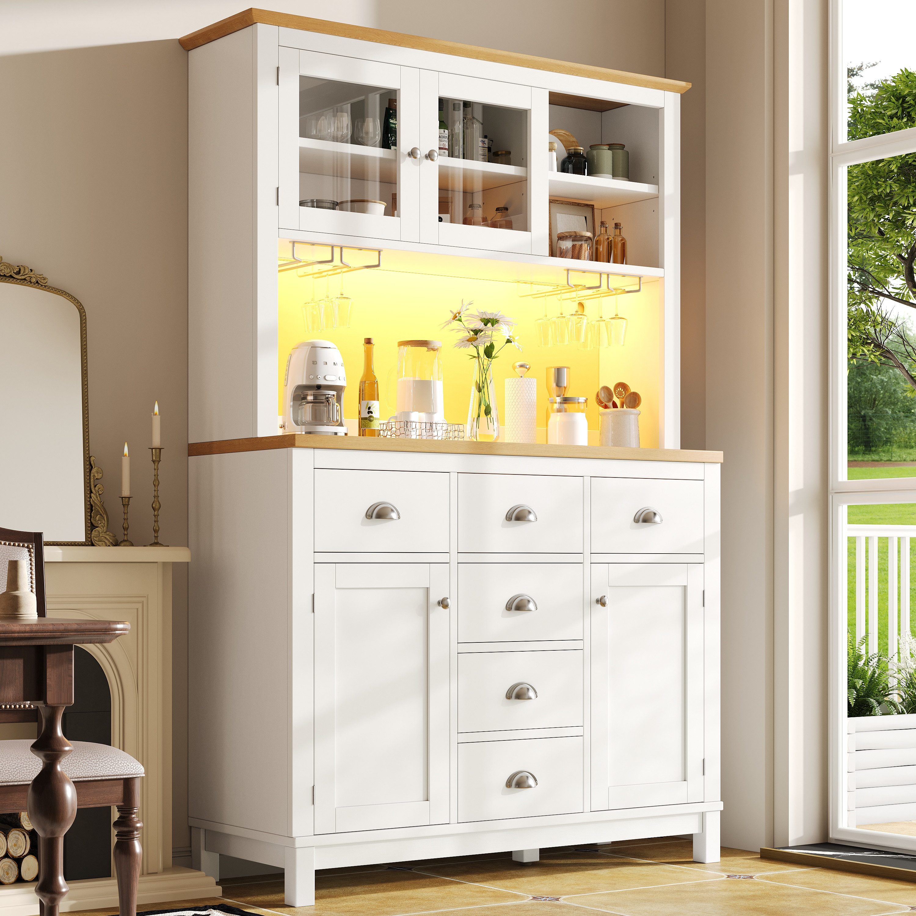 Odikalo Küchenbuffet Küchenschrank Buffetschrank mit LED-Lichtleiste & Getränkehaltern (Seitenboard / Aufbewahrungsschrank / Küchenschrank / Buffetschrank, 104x40x180cm, Landhausstil, 4 Türen, Grün/Weiß)