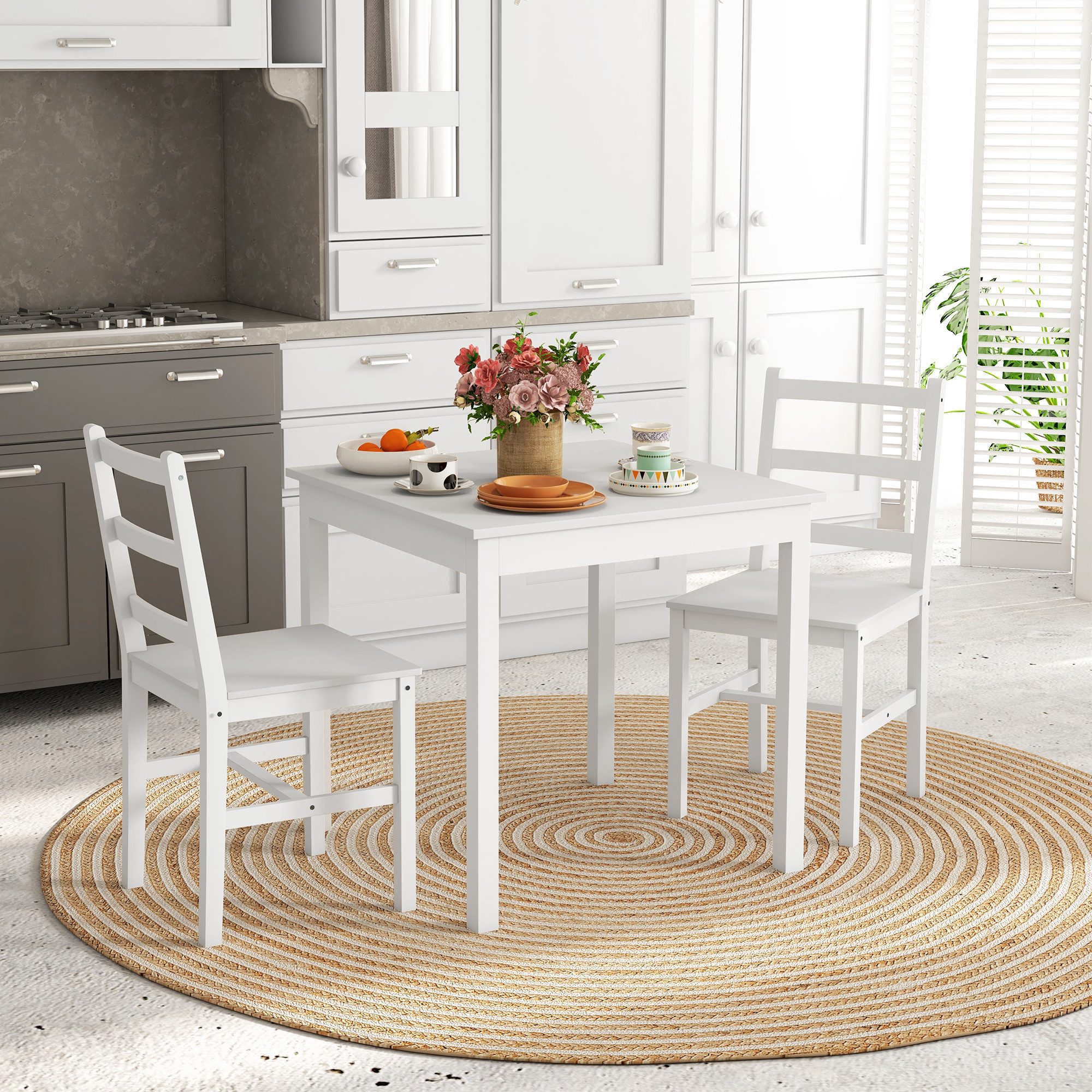HOMCOM Essgruppe Esstisch mit 2 Stühlen Platzsparend Sitzgruppe Küchentisch-Set, (Esszimmergruppe, 1-tlg., Esstisch mit 2 Stühle), für Küche, Esszimmer, Kiefernholz, Weiß