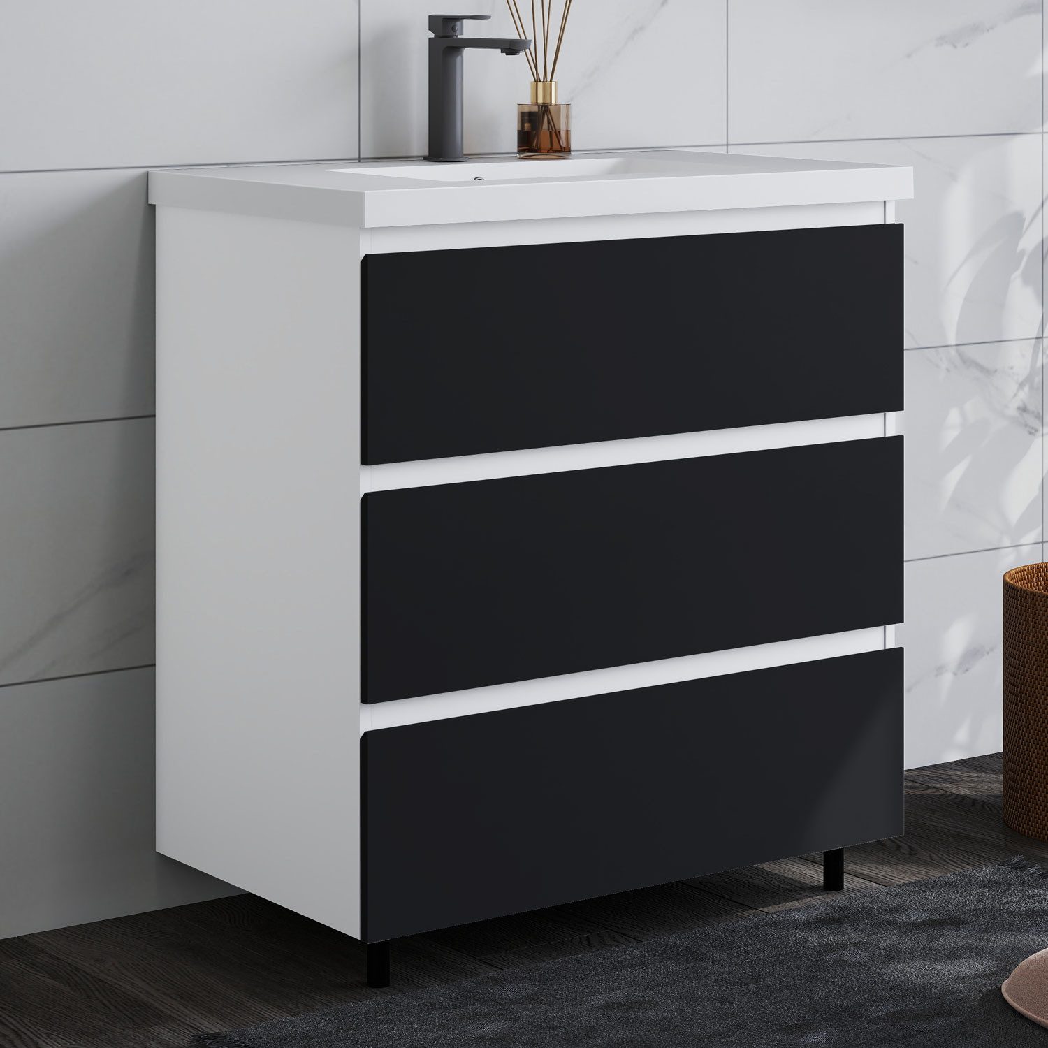 duschspa Waschtisch Badmöbel Set Waschbecken mit Unterschrank Badezimmer Möbel Schrank (Hängeschrank, mit Schrankfüße), 80/100cm breit