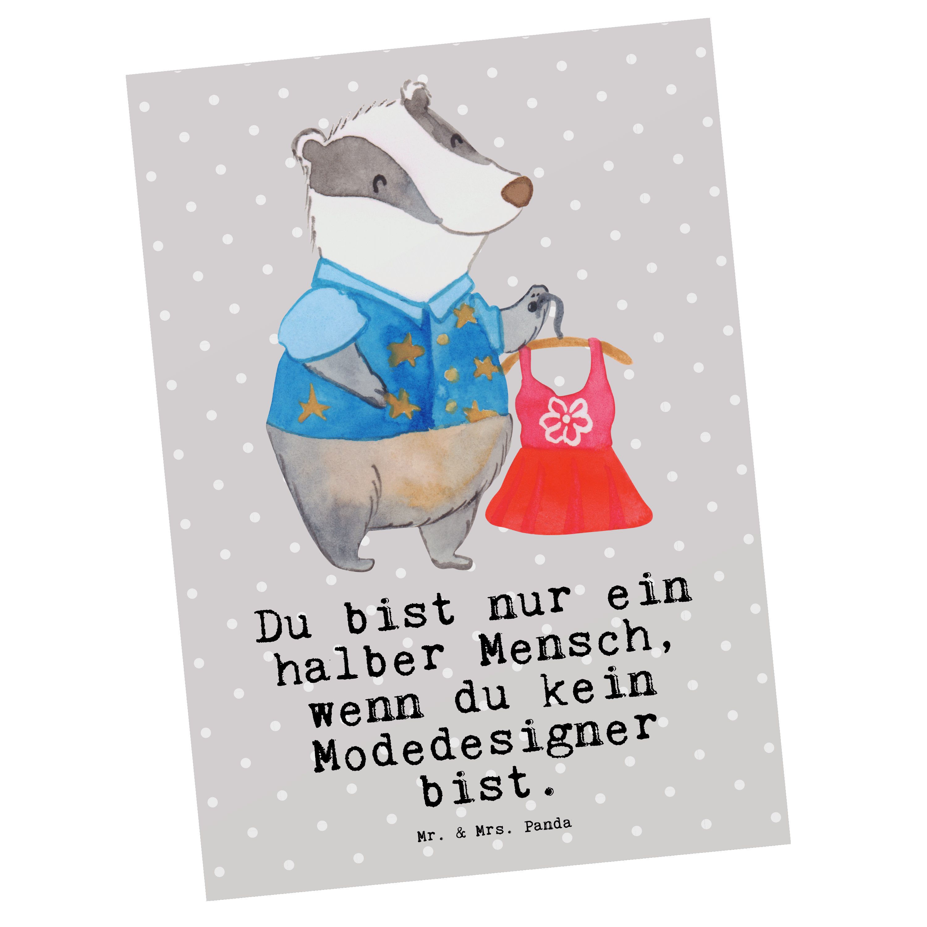 Mr. & Mrs. Panda Postkarte - Modeschöpfer, Grau Herz Modedesigner mit Fashio Geschenk, - Pastell