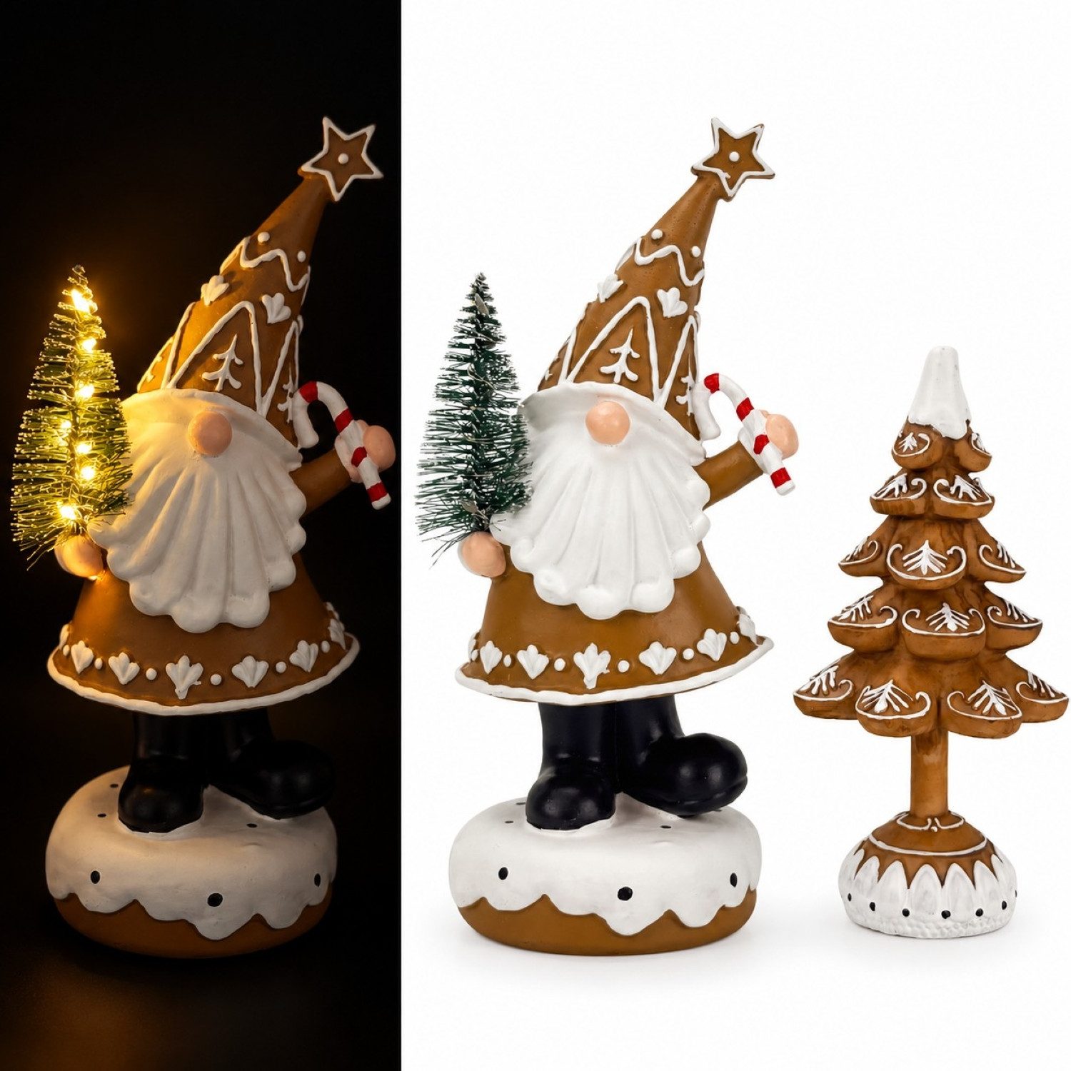 Online-Fuchs LED-Dekofigur Lebkuchen Wichtel mit Weihnachtsbaum & LED-Beleuchtung - Deko (kleiner Tannenbaum mit LED-Lichterkette, warmweiße Beleuchtung), inklusive praktischer 6-Stunden Timerfunktion
