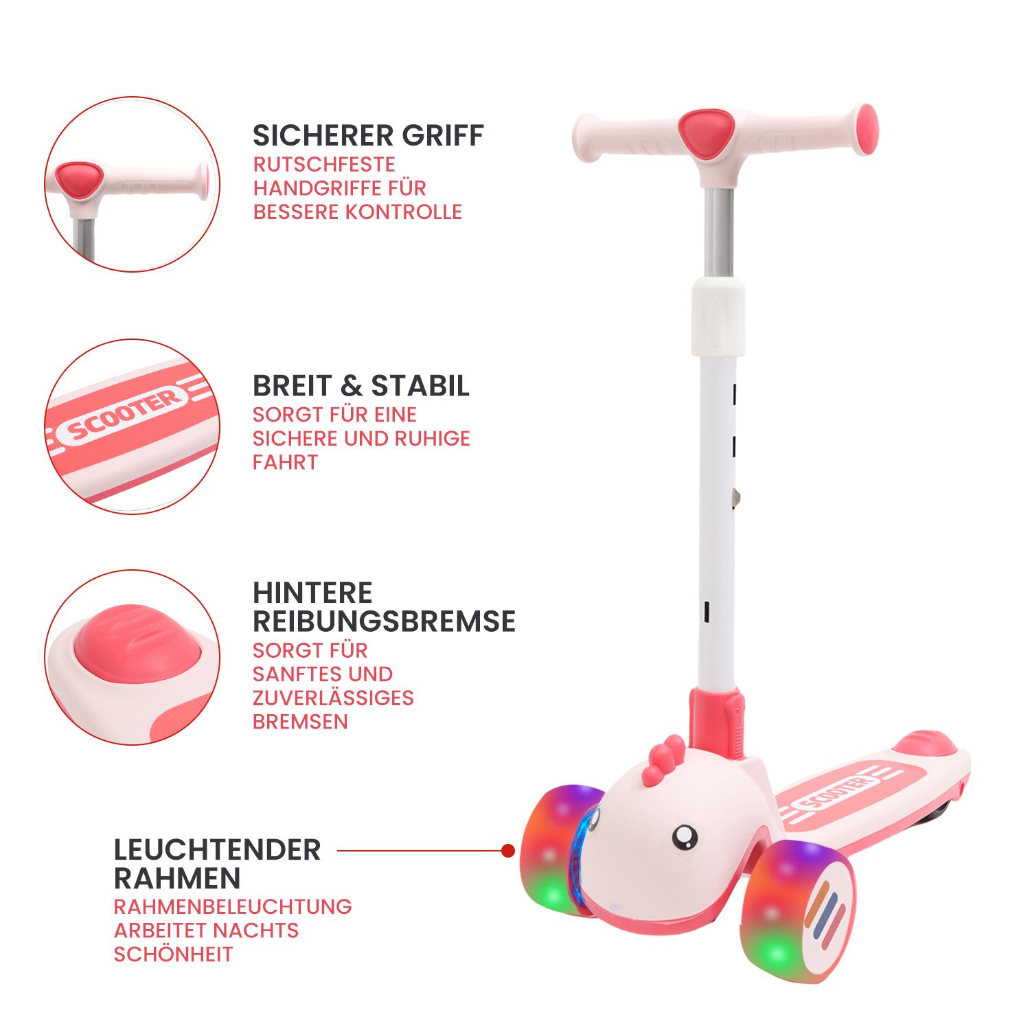 Habib Gruppe Dreiradscooter Kinderroller mit Tier-Design 3 Räder LED klappbar 3-8 Jahre, Tier-Design mit LED-Rädern, 3 Stufen 67-75 cm, klappbar – Bild 2 von 5
