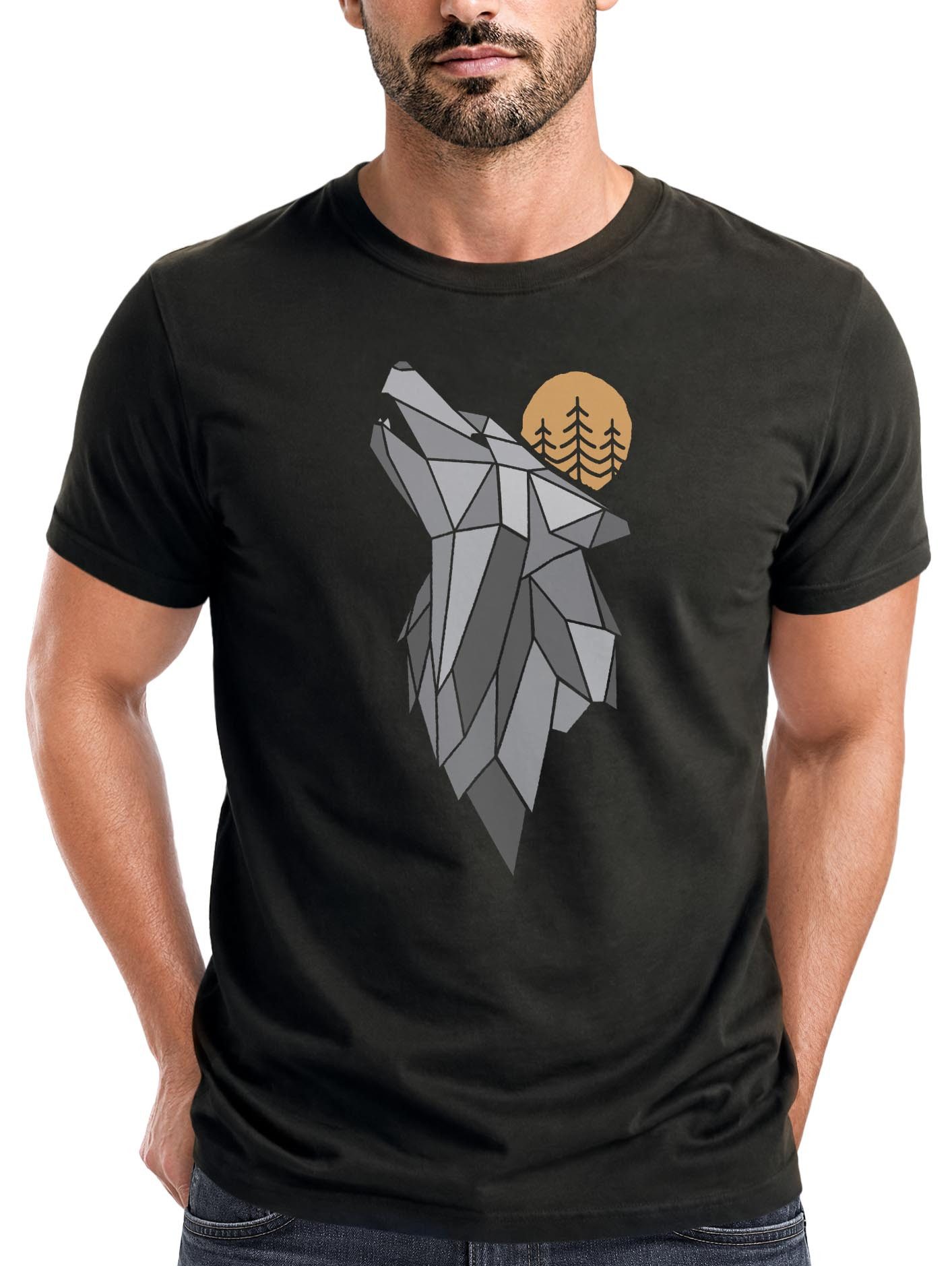 Print-Shirt Herren T-Shirt Aufdruck Wolf Wald Wildnis Outdoor Natur Tiermotiv