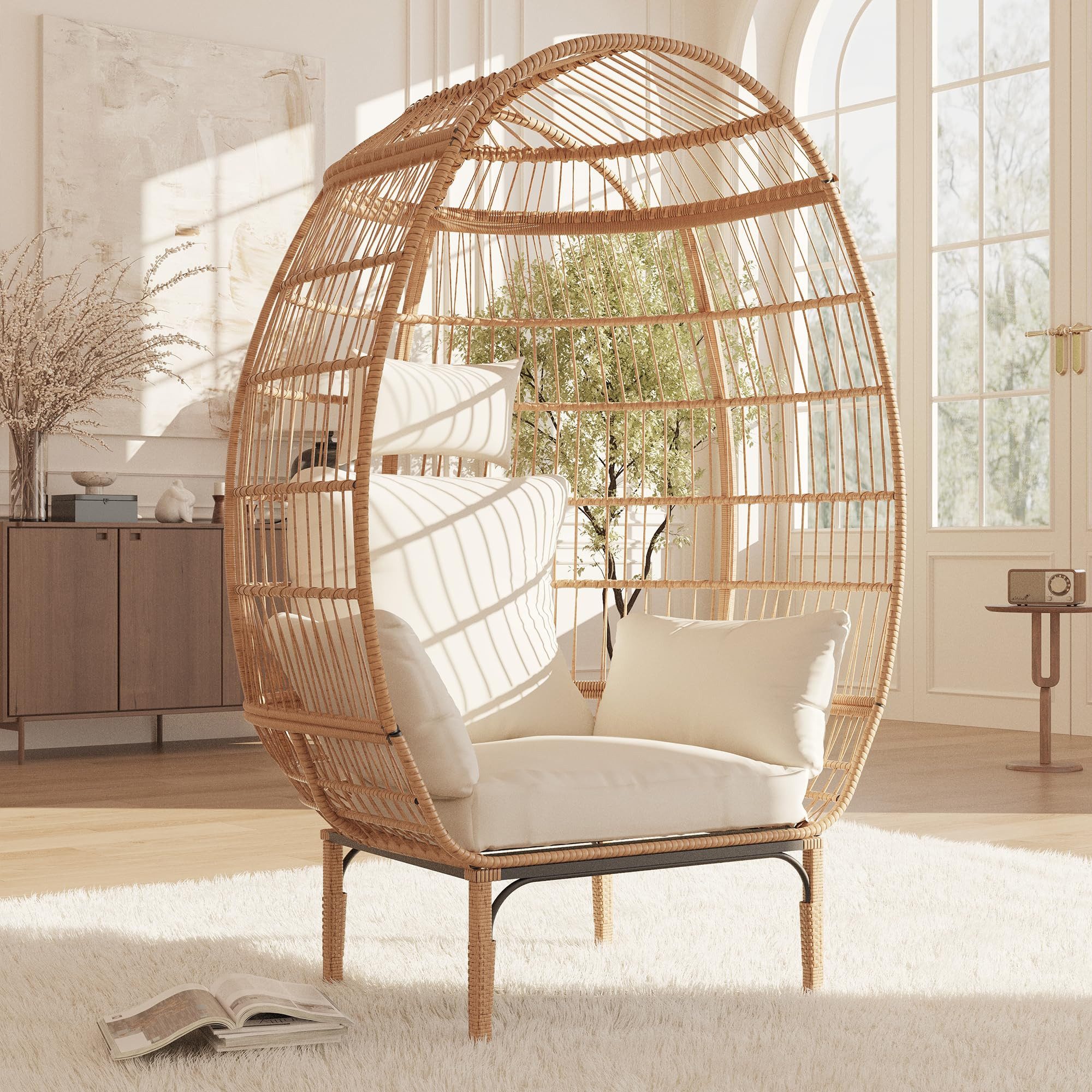 GarveeMore Hängesessel Polyrattan-Egg Kugelsessel Loungesessel Gartensessel Relaxsessel, Oversize Sessel mit Stand für Balkon/Terrasse/Garten und Indoor