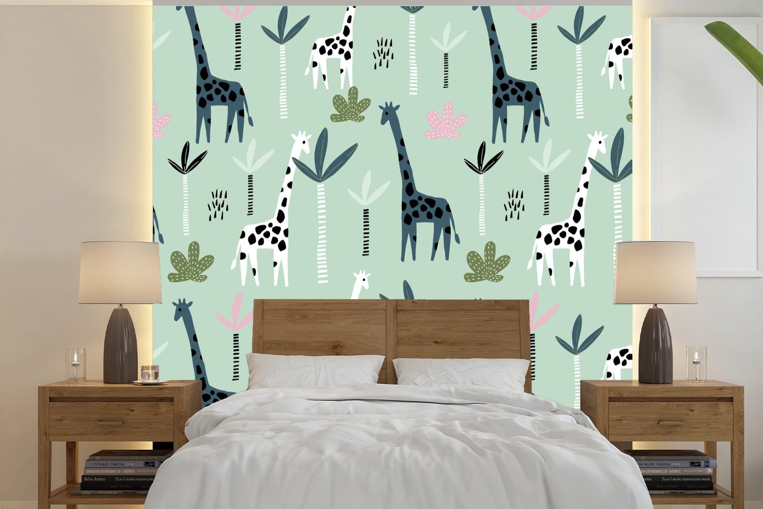 MuchoWow Fototapete Dschungel - Giraffe - Palme, Matt, bedruckt, (5 St), Vinyl Tapete für Wohnzimmer oder Schlafzimmer, Wandtapete